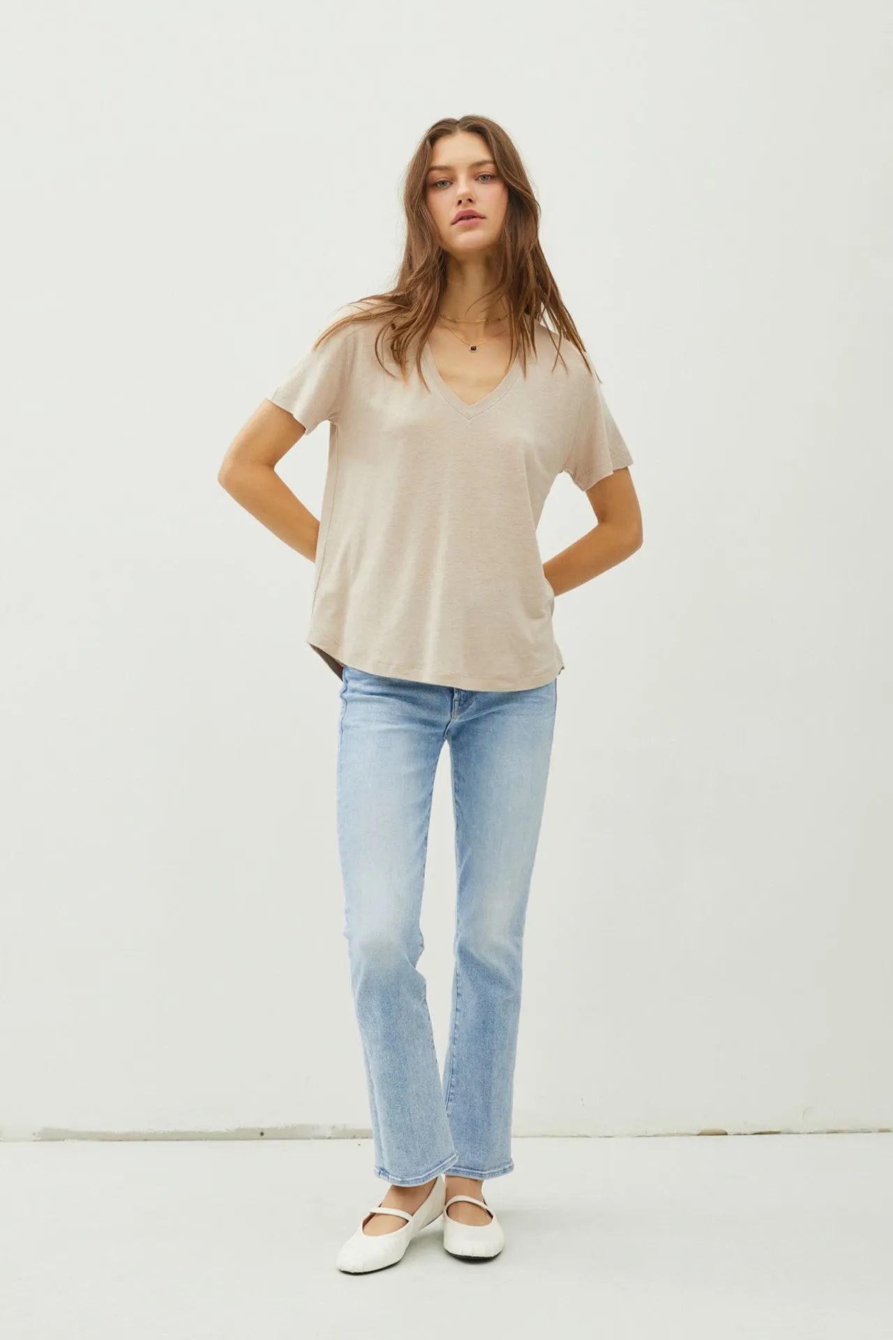 Khaki Linen Blend V-Neck Short Sleeve T-Shirt sold by Pinkblush product image thumbnail 2