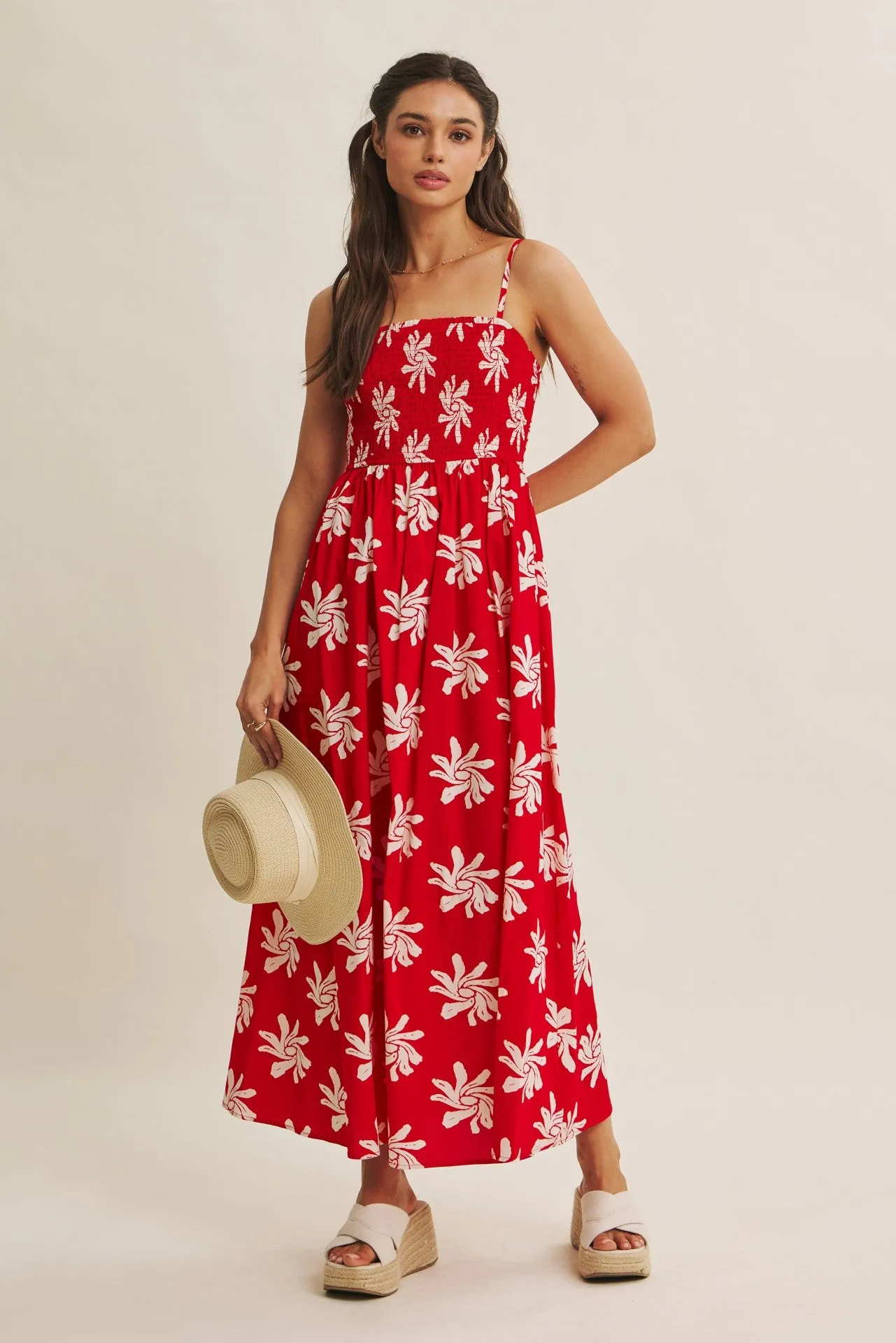 Red Printed Square Neck Smocked Maxi Dress sold by Pinkblush