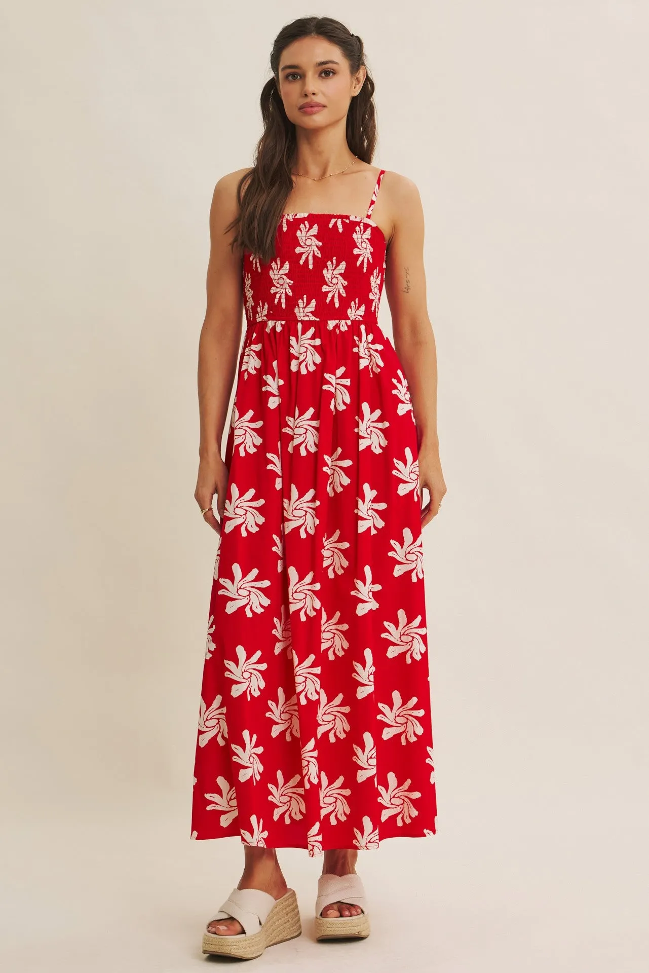 Red Printed Square Neck Smocked Maxi Dress sold by Pinkblush product image thumbnail 2