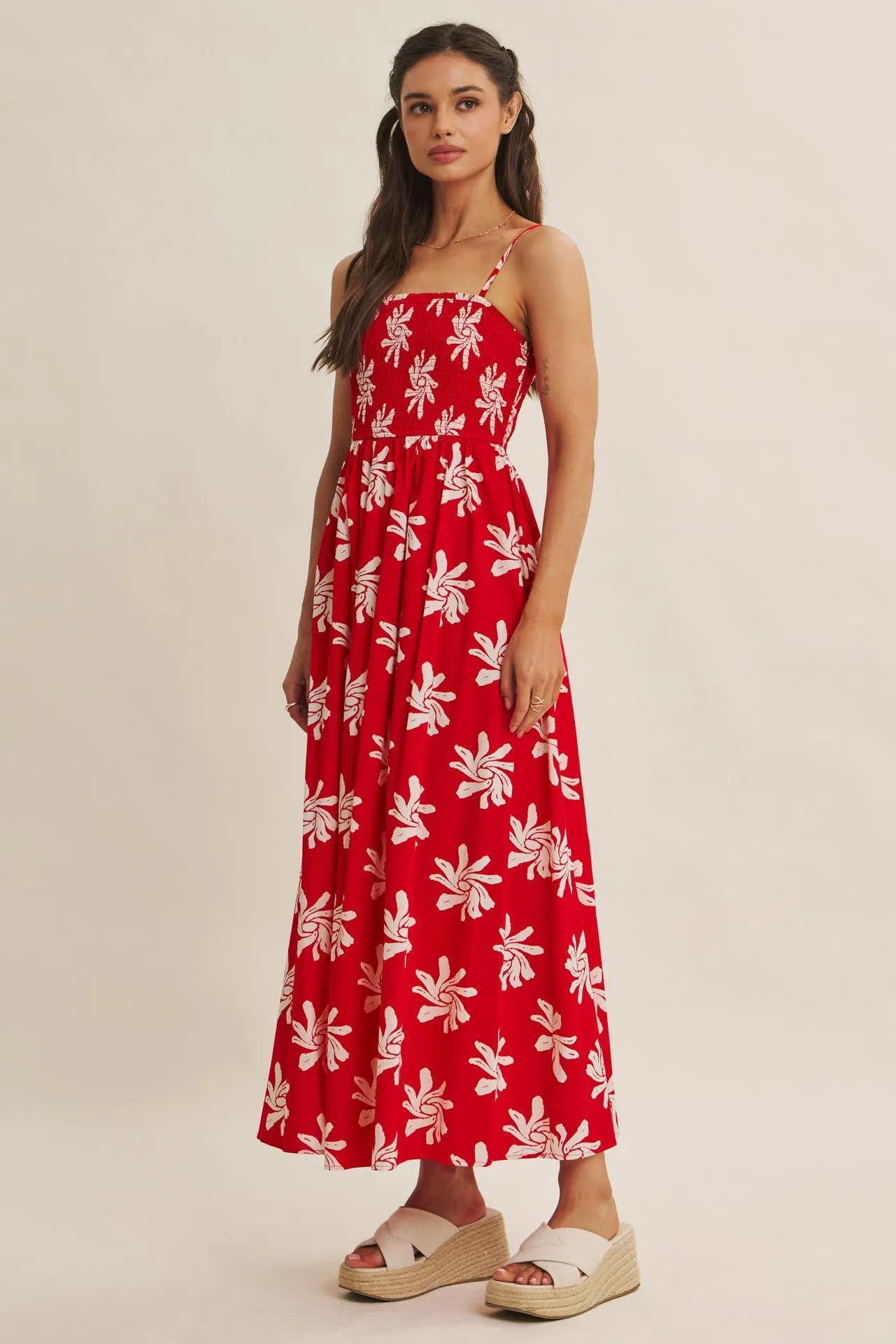 Red Printed Square Neck Smocked Maxi Dress sold by Pinkblush product image thumbnail 3