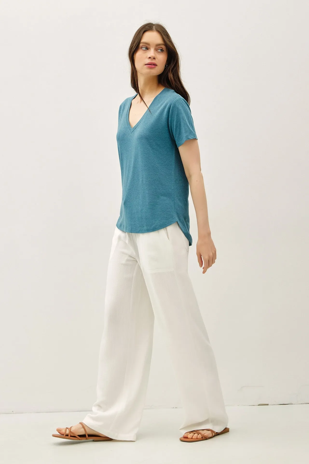 Teal Linen Blend V-Neck Short Sleeve T-Shirt sold by Pinkblush product image thumbnail 3