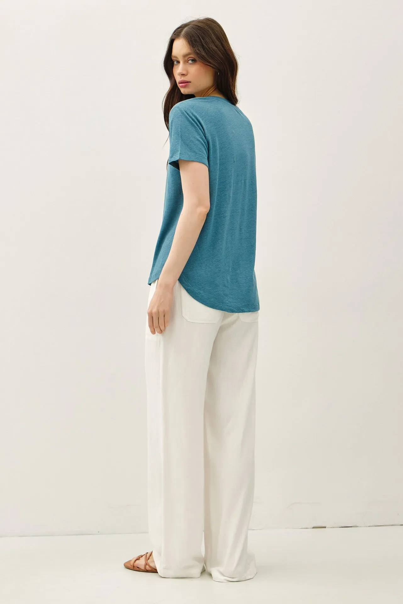 Teal Linen Blend V-Neck Short Sleeve T-Shirt sold by Pinkblush product image thumbnail 4