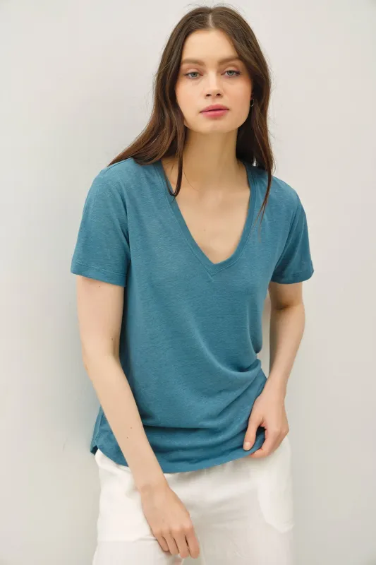 Teal Linen Blend V-Neck Short Sleeve T-Shirt made by BE COOL