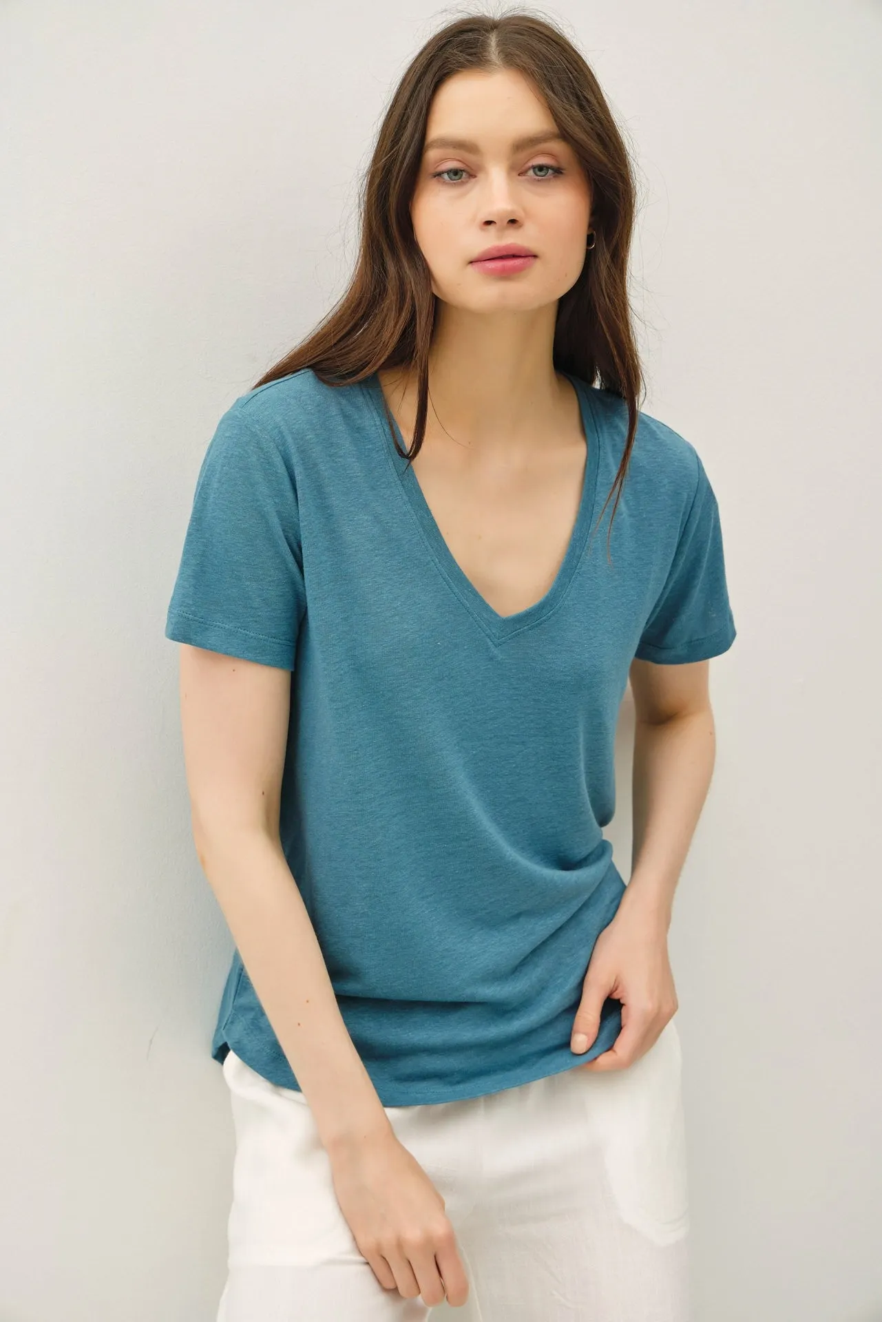 Teal Linen Blend V-Neck Short Sleeve T-Shirt sold by Pinkblush