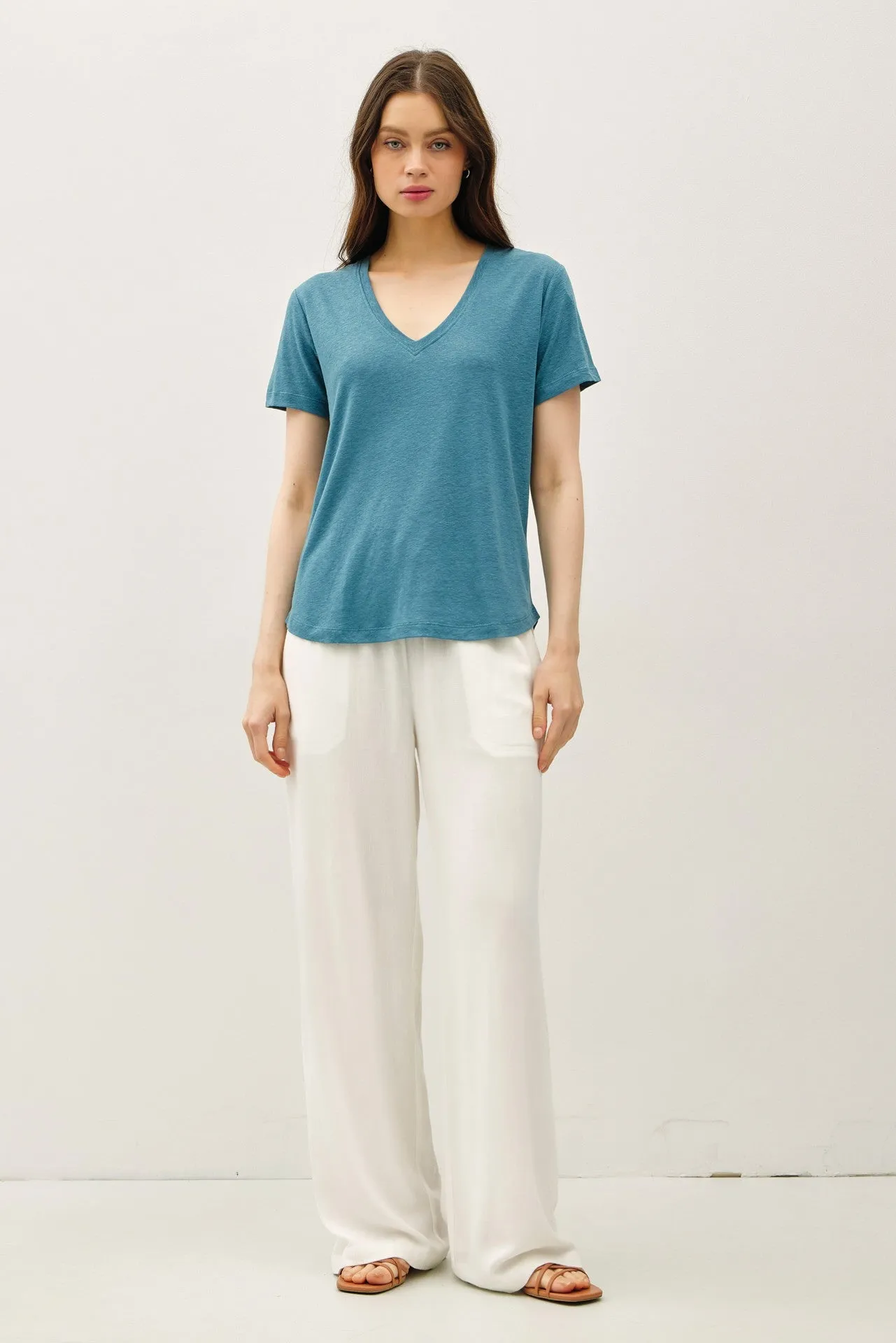 Teal Linen Blend V-Neck Short Sleeve T-Shirt sold by Pinkblush product image thumbnail 2