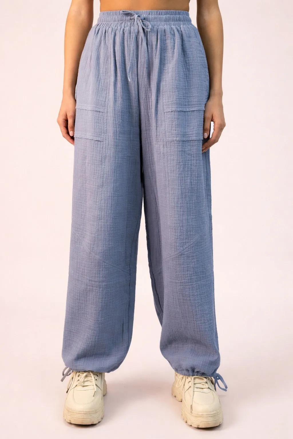 Blue Gauze Cinched Hem Pants sold by Pinkblush