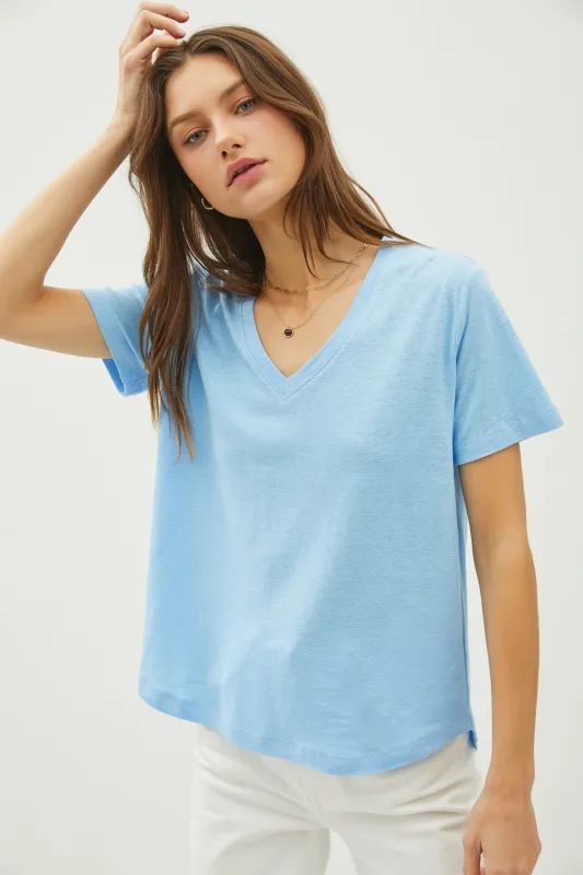 Sky Linen Blend V-Neck Short Sleeve T-Shirt made by BE COOL