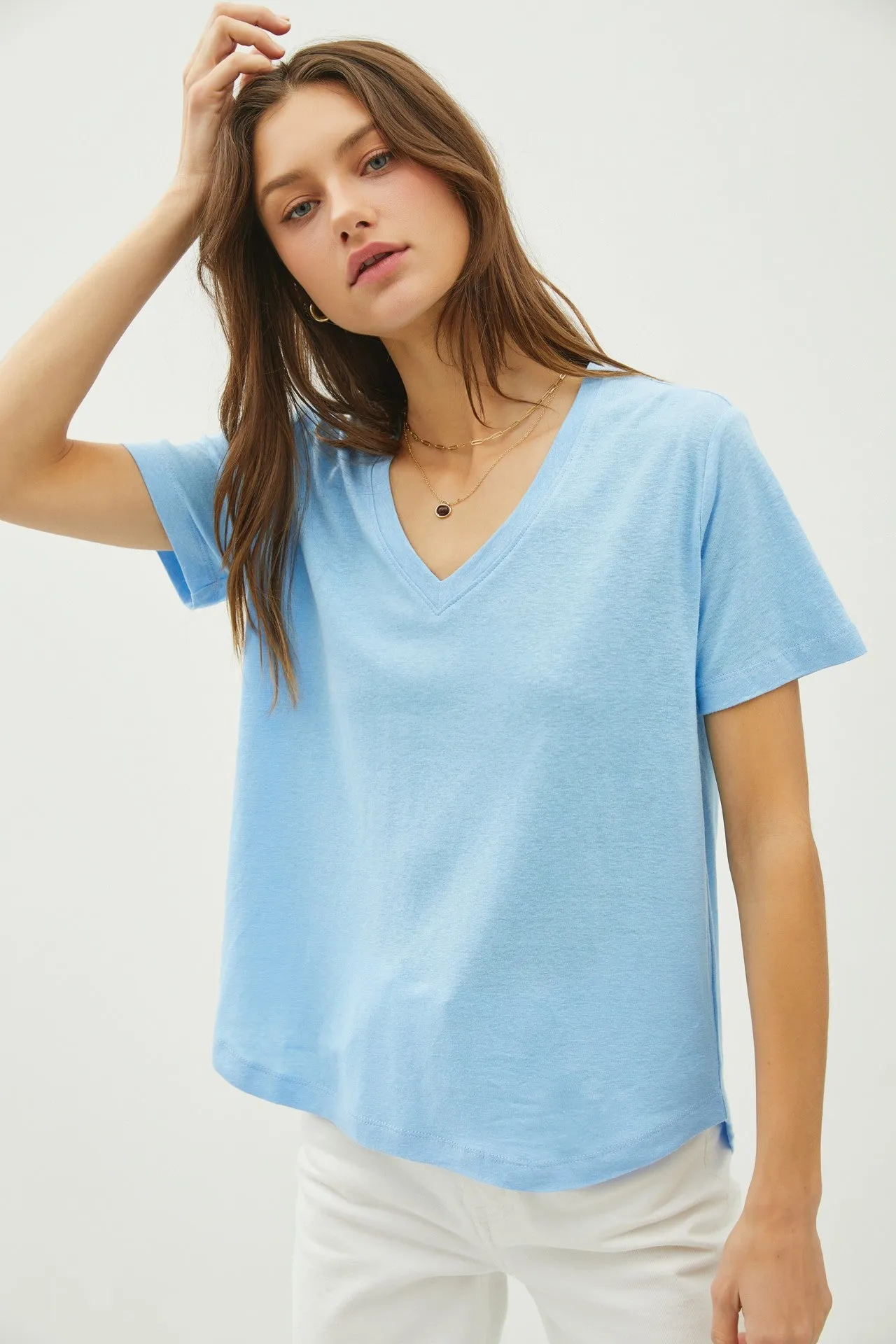Sky Linen Blend V-Neck Short Sleeve T-Shirt sold by Pinkblush