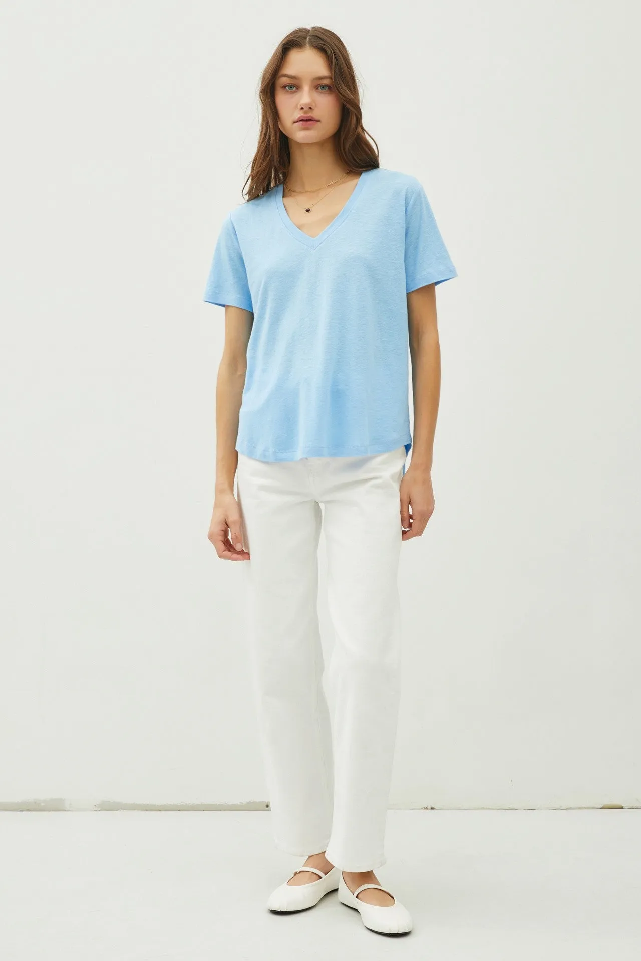 Sky Linen Blend V-Neck Short Sleeve T-Shirt sold by Pinkblush product image thumbnail 2