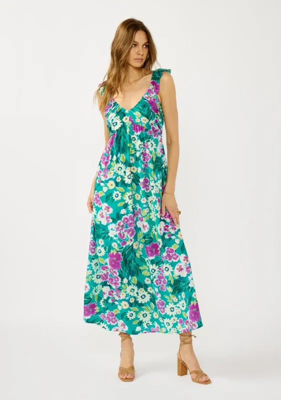 Teal Floral V-Neck Ruffle Strap Maxi Dress made by lovestitch