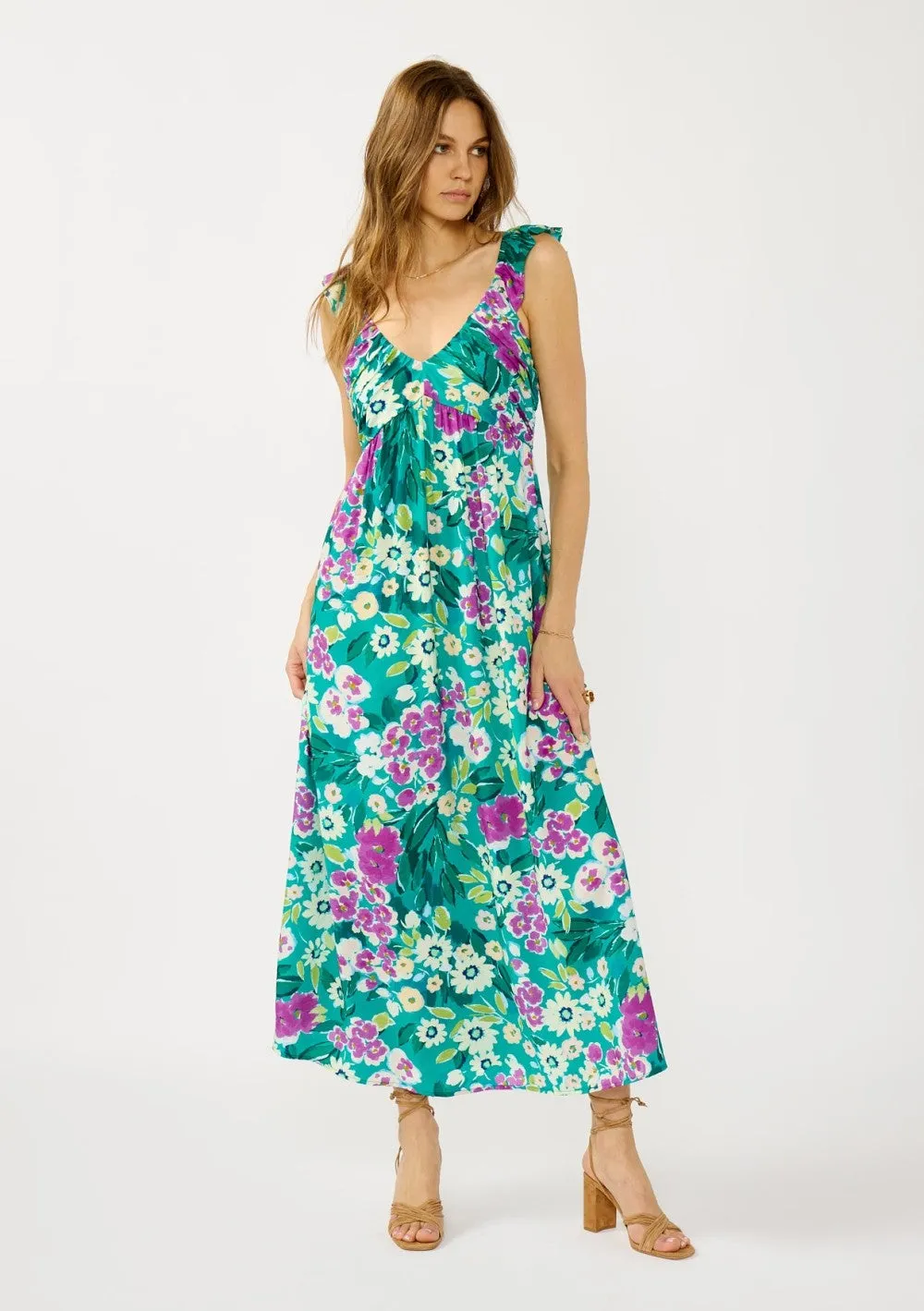 Teal Floral V-Neck Ruffle Strap Maxi Dress sold by Pinkblush