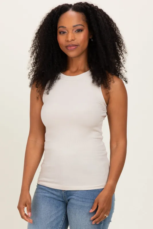 Sand Beige Ribbed High Neck Tank Top made by Zenana Outfitters