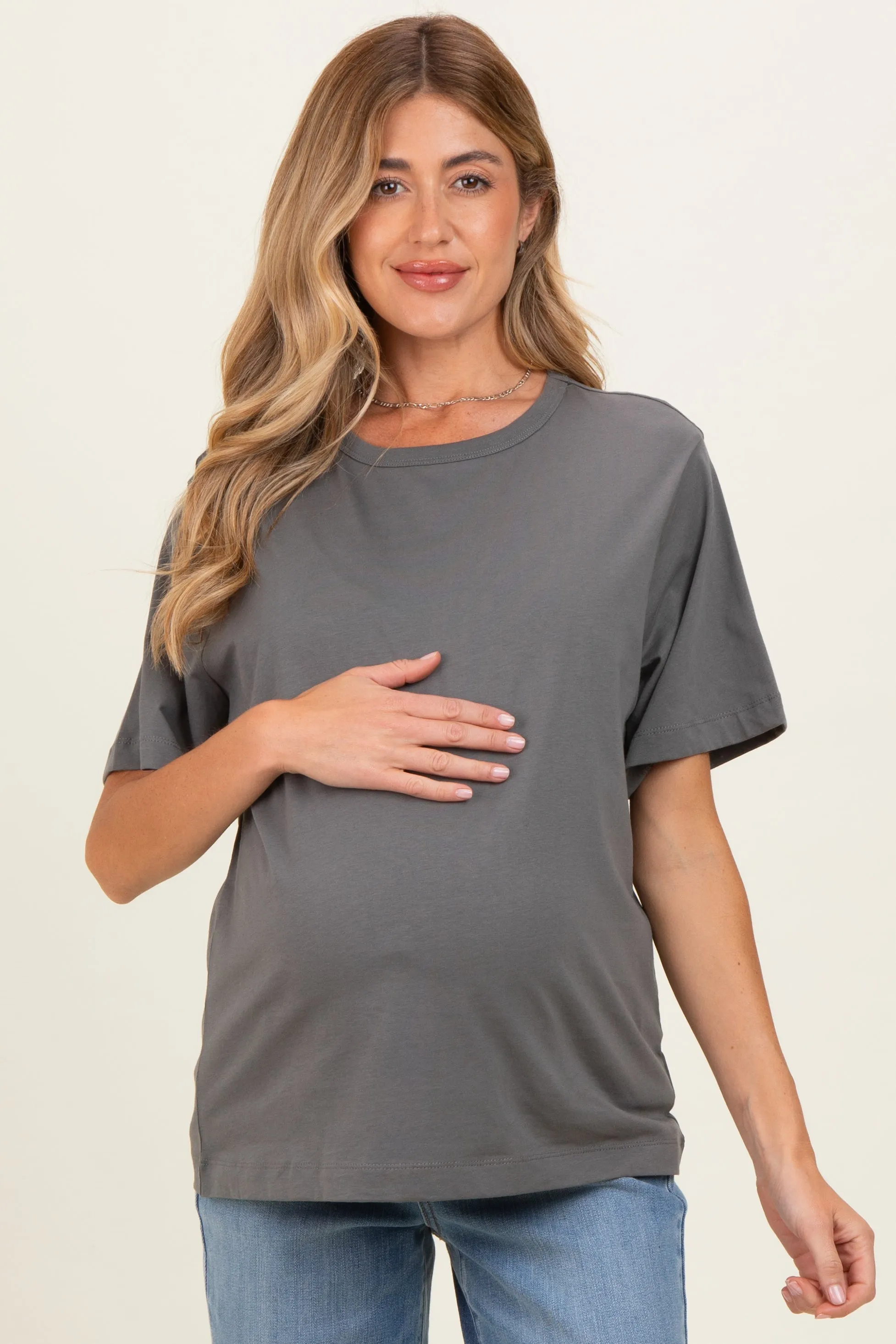Charcoal Oversized Short Sleeve Crew Neck Maternity T-Shirt sold by Pinkblush
