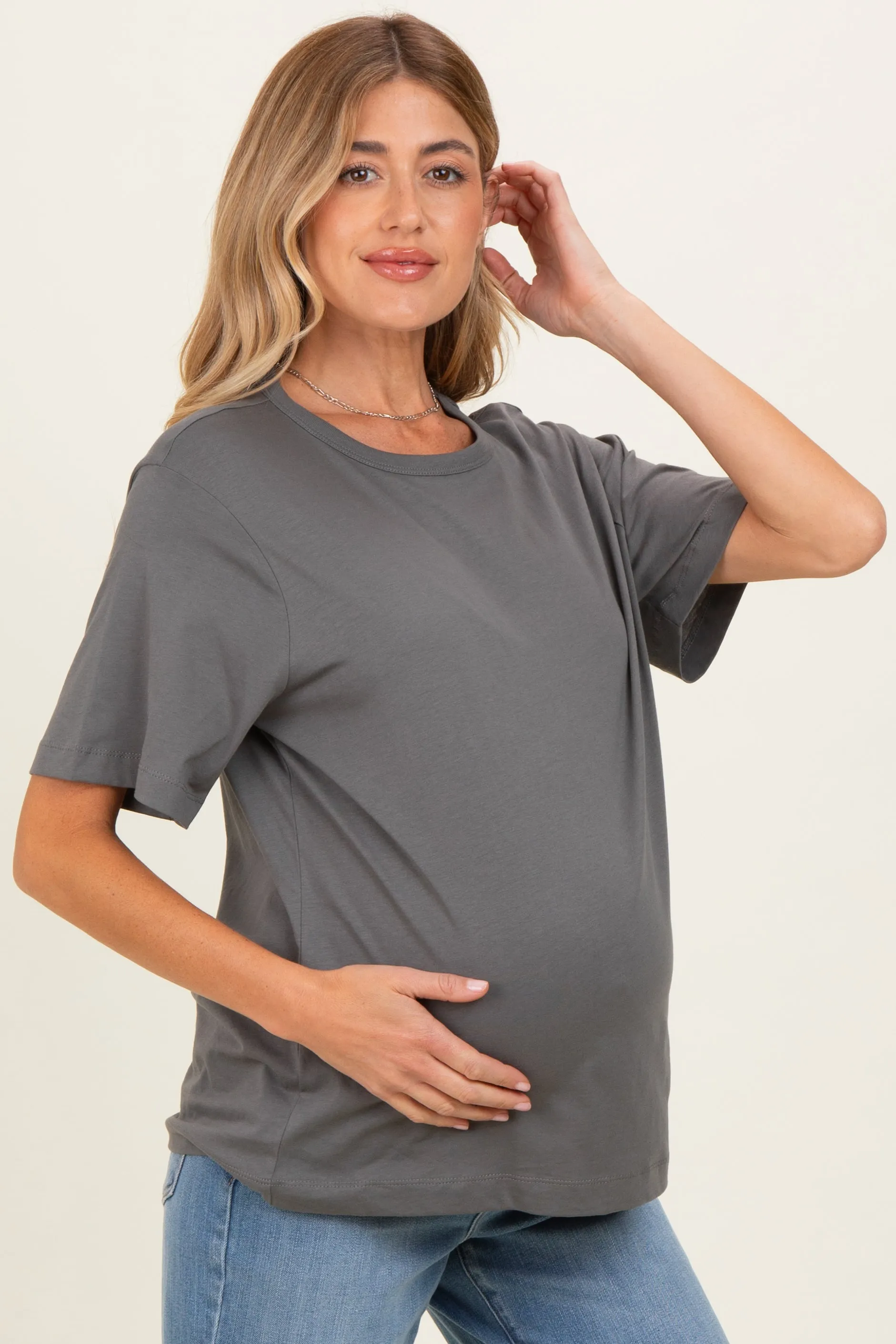 Charcoal Oversized Short Sleeve Crew Neck Maternity T-Shirt sold by Pinkblush product image thumbnail 3