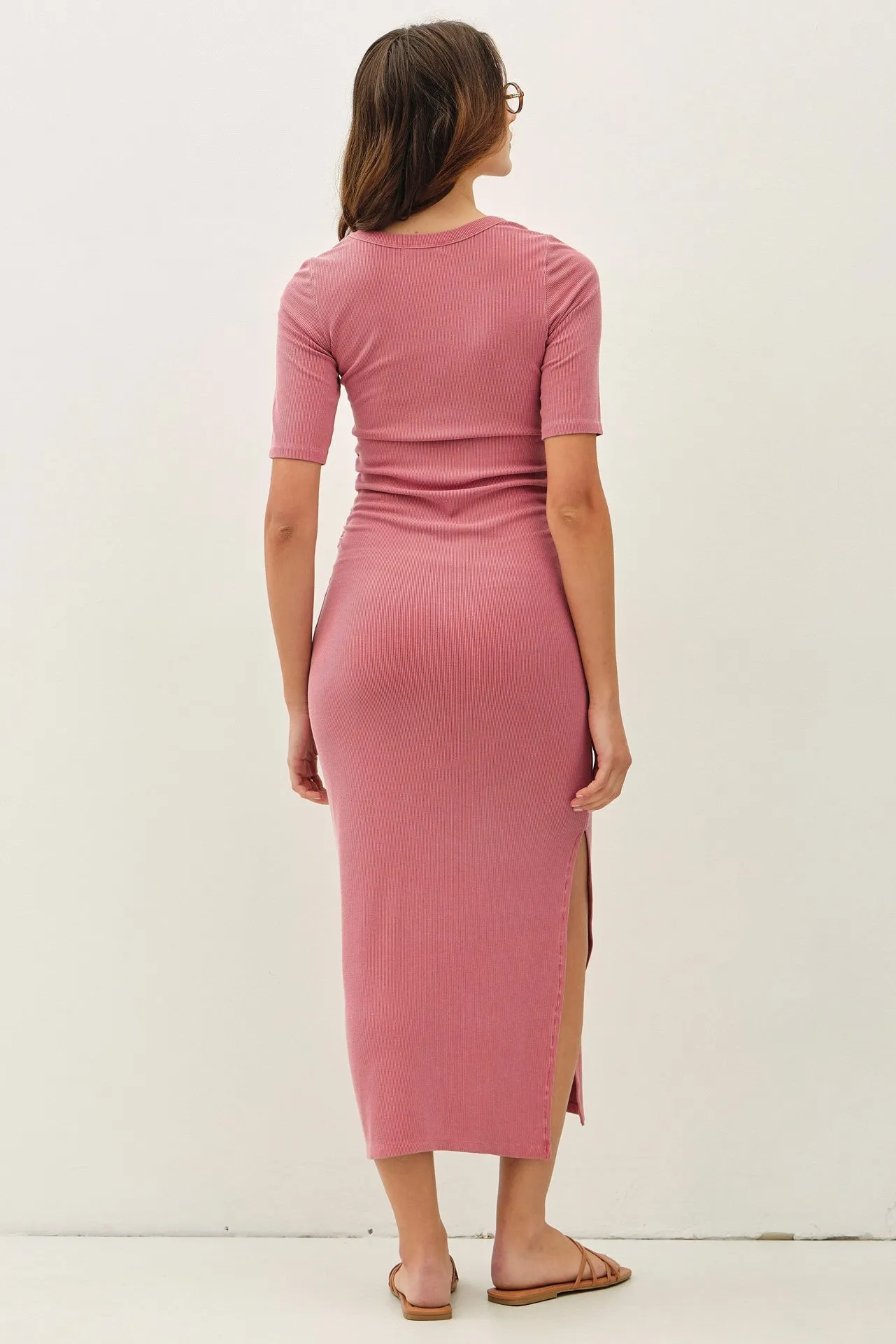 Dusty Rose Ruched Short Sleeve Side Slit Midi Dress sold by Pinkblush product image thumbnail 3