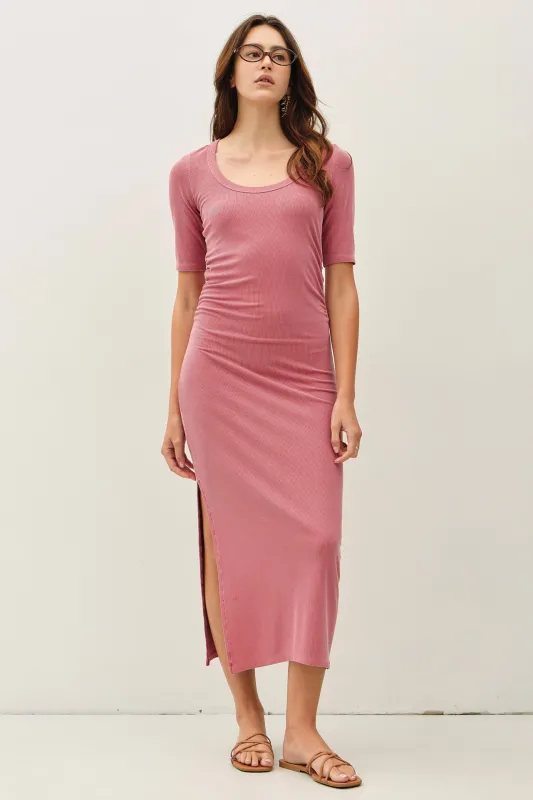 Dusty Rose Ruched Short Sleeve Side Slit Midi Dress made by BE COOL