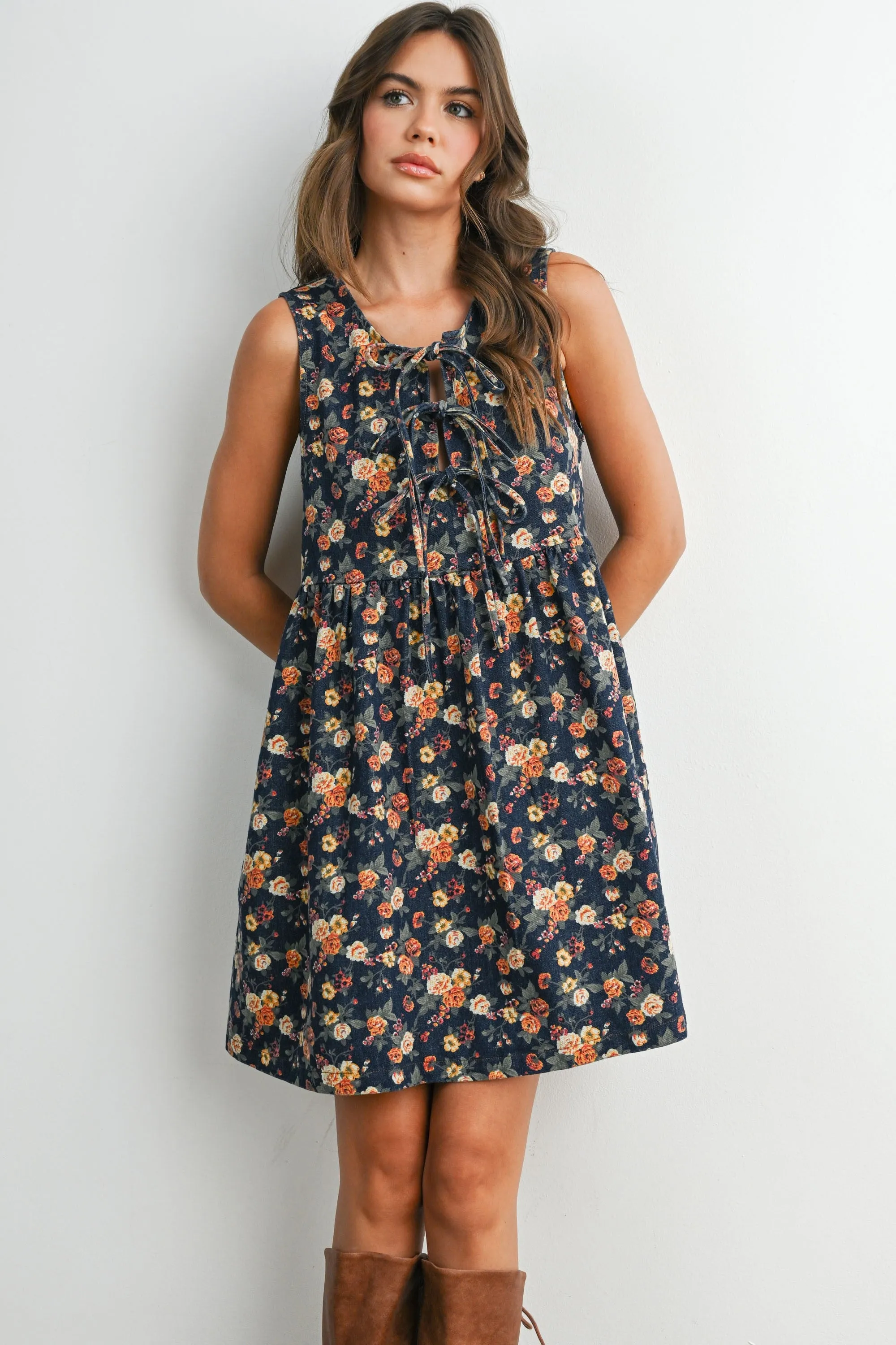 Dark Denim Floral Tie Front Mini Dress sold by Pinkblush