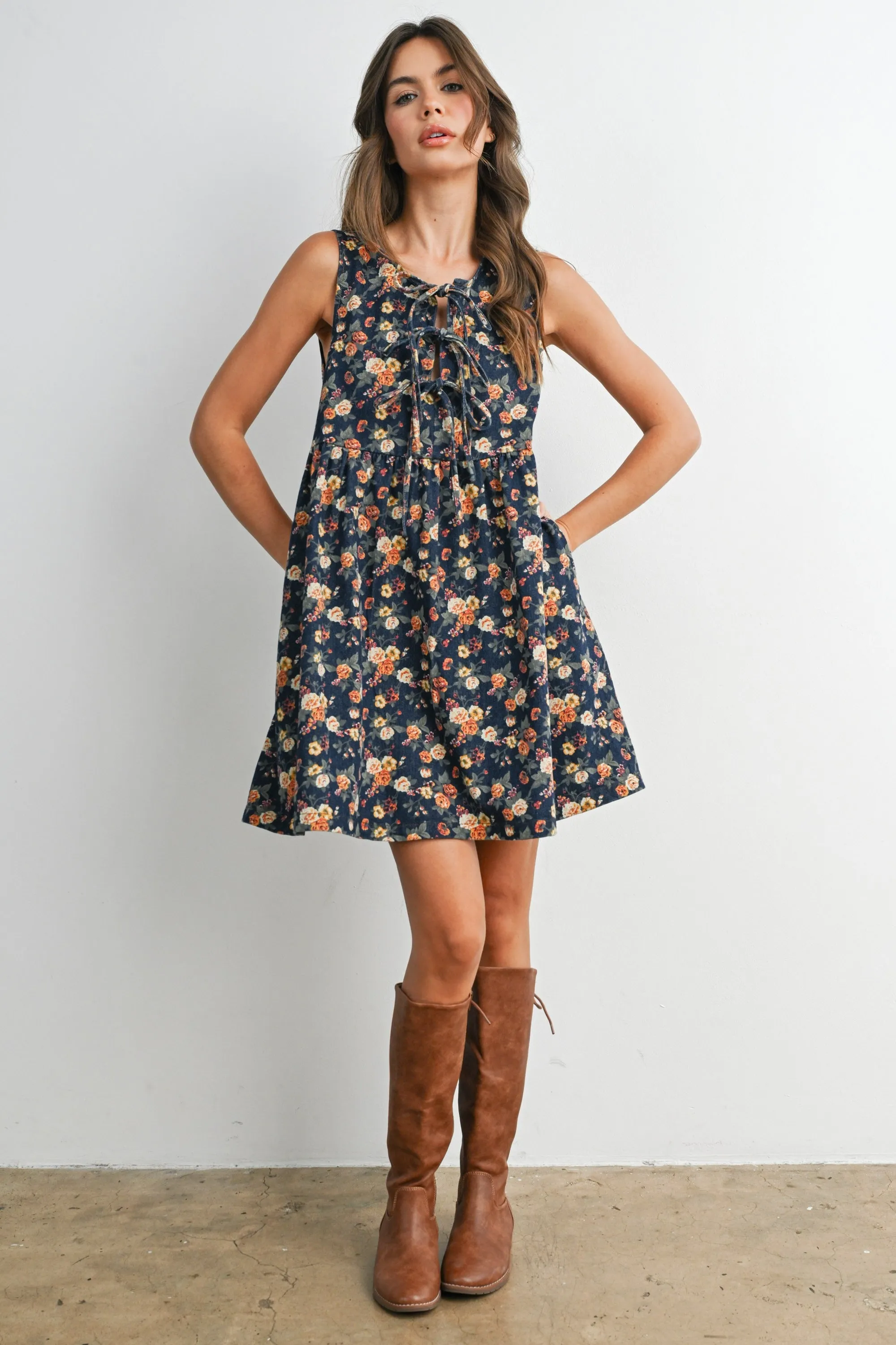Dark Denim Floral Tie Front Mini Dress sold by Pinkblush product image thumbnail 5