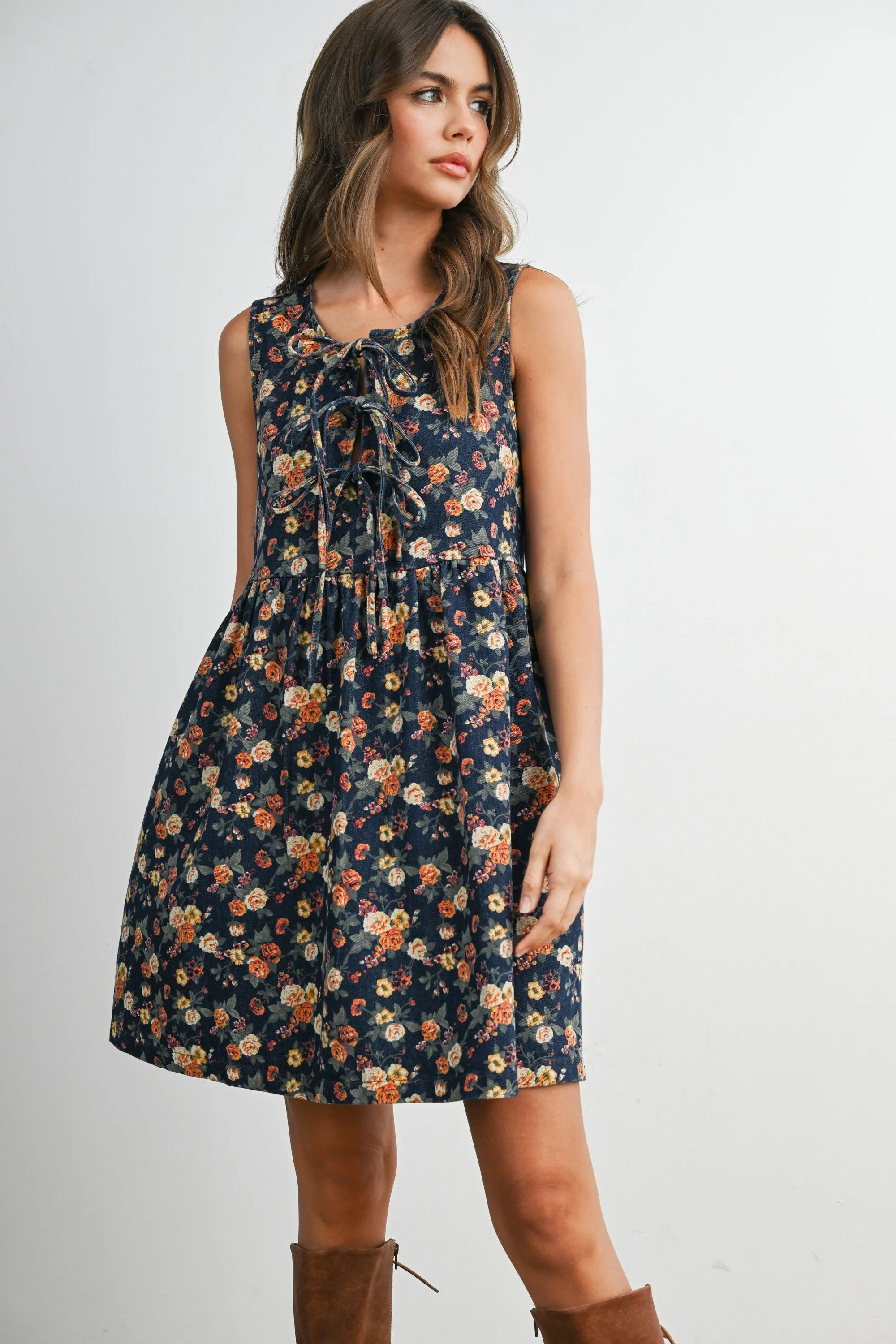 Dark Denim Floral Tie Front Mini Dress sold by Pinkblush product image thumbnail 2