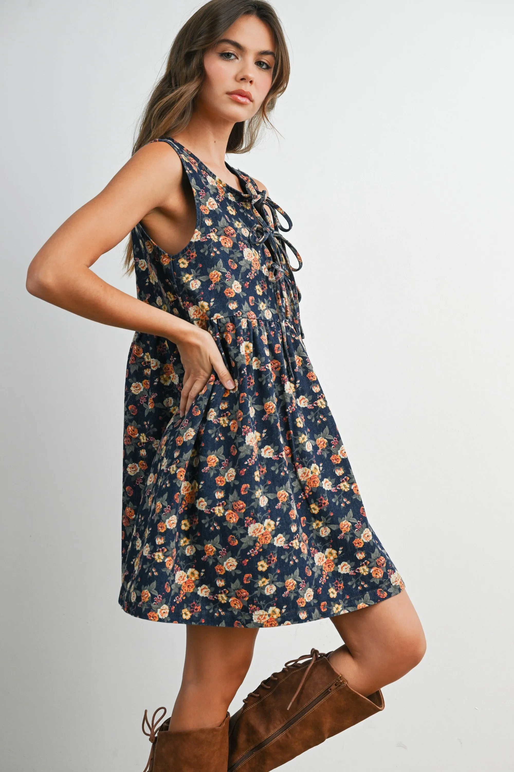 Dark Denim Floral Tie Front Mini Dress sold by Pinkblush product image thumbnail 3