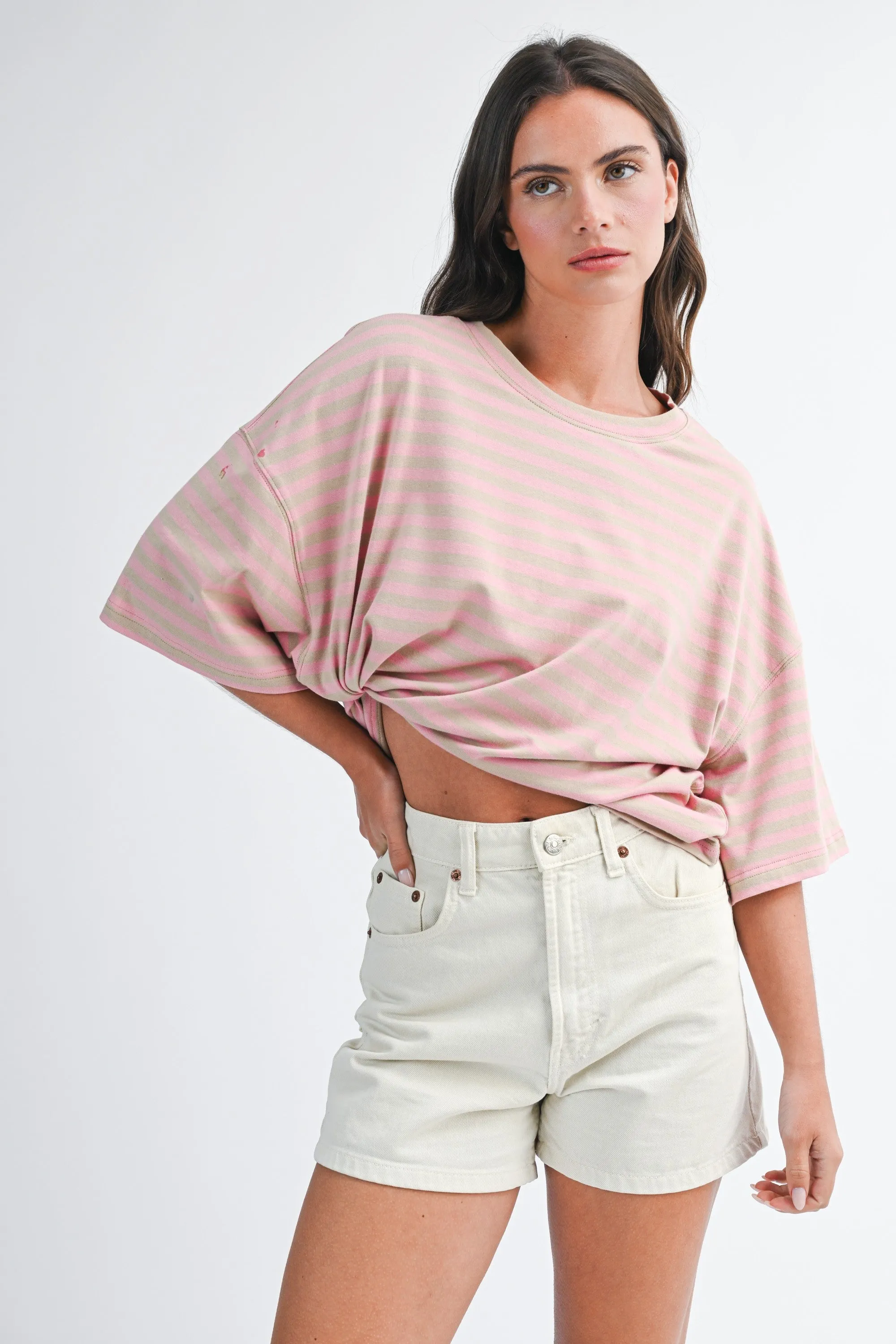Oat Oversized Striped Boyfriend Tee sold by Pinkblush