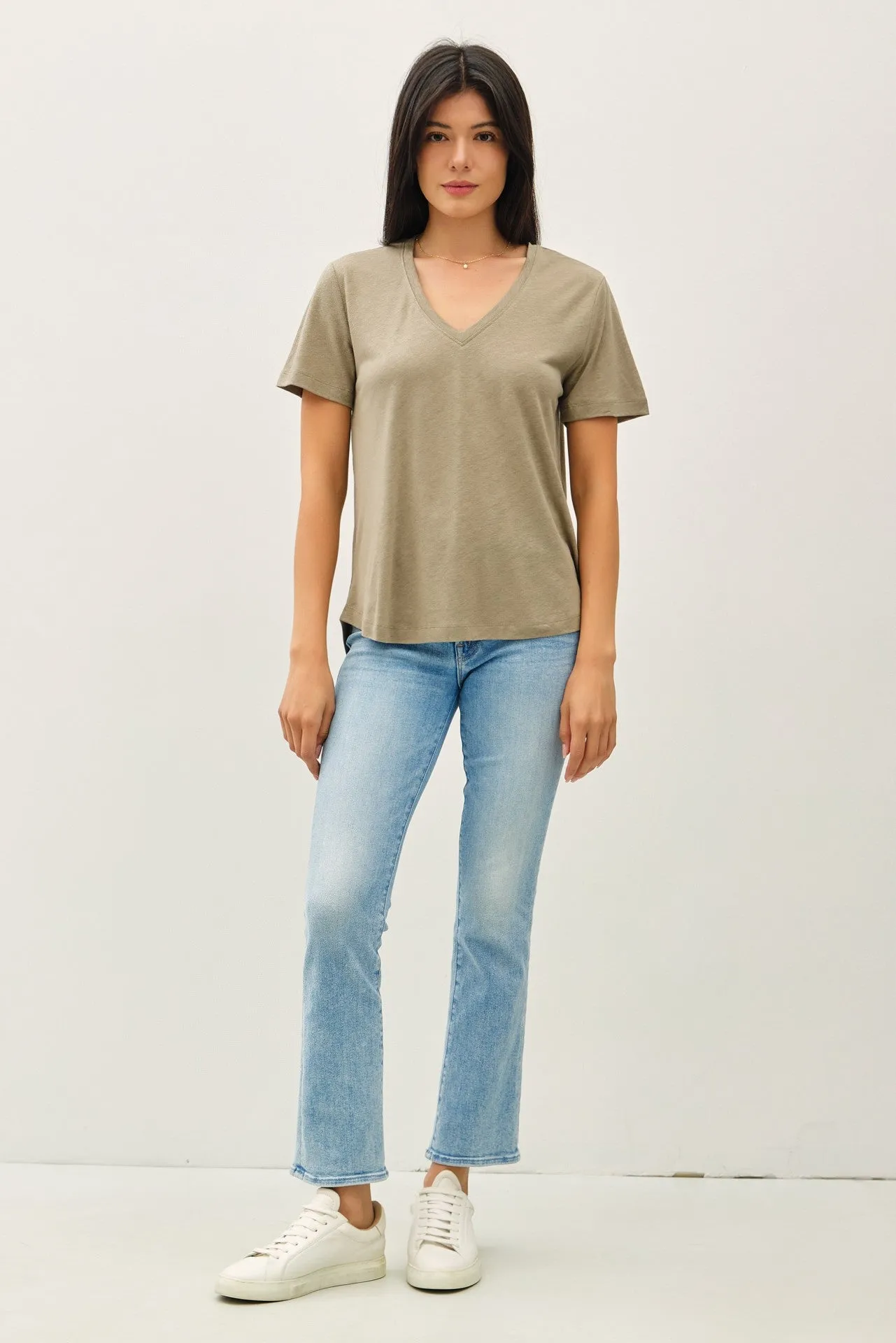 Olive Linen Blend V-Neck Short Sleeve T-Shirt sold by Pinkblush product image thumbnail 2