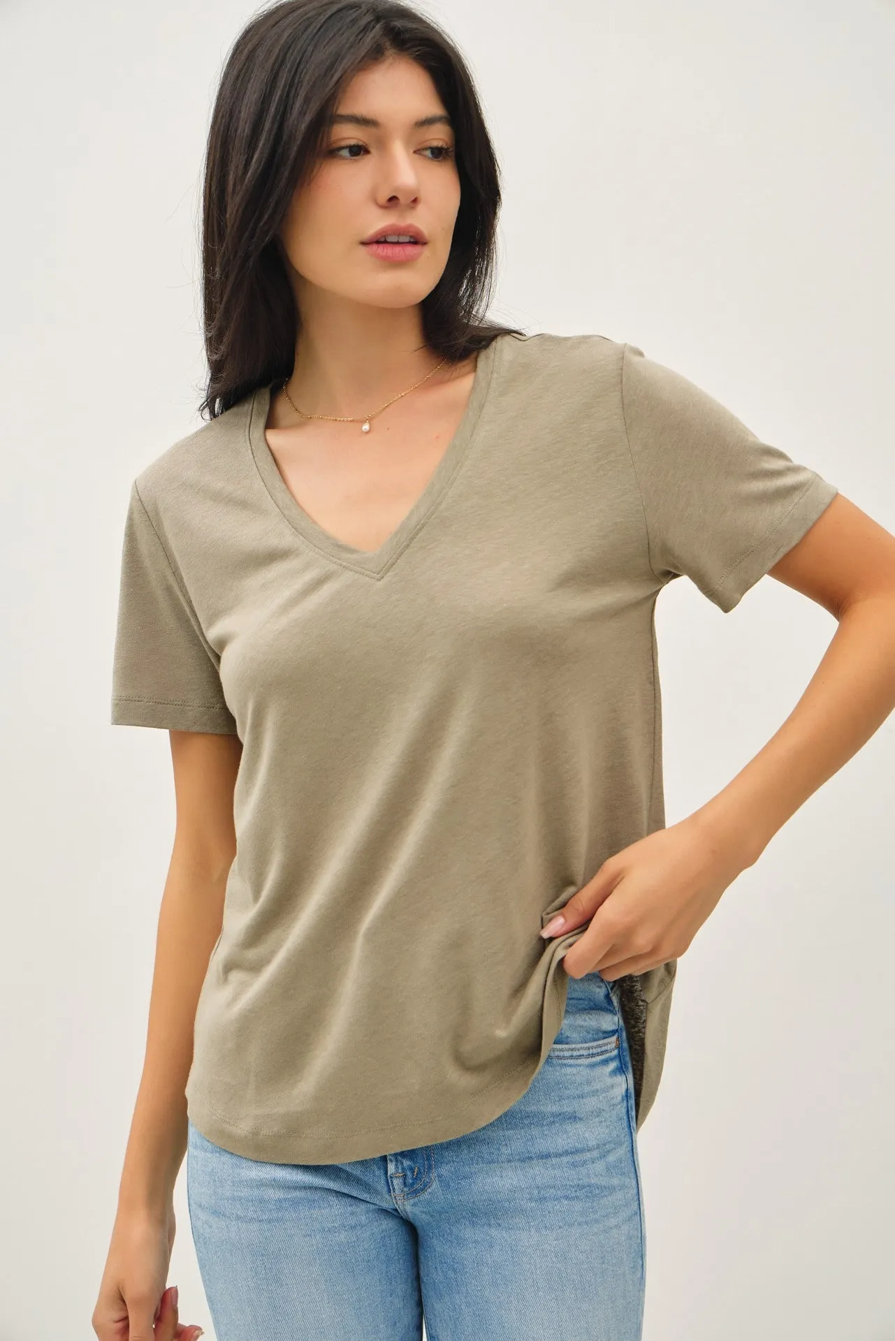 Olive Linen Blend V-Neck Short Sleeve T-Shirt sold by Pinkblush