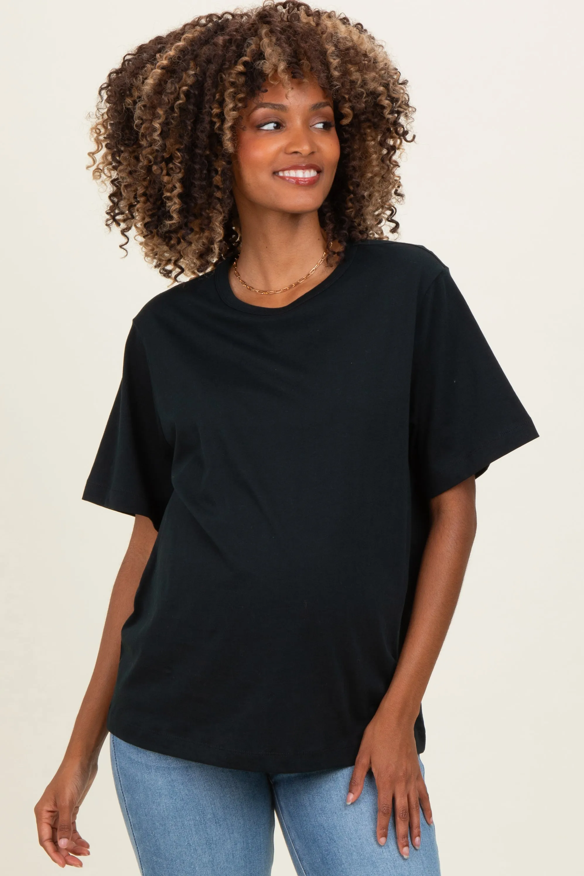 Black Oversized Short Sleeve Crew Neck Maternity T-Shirt sold by Pinkblush
