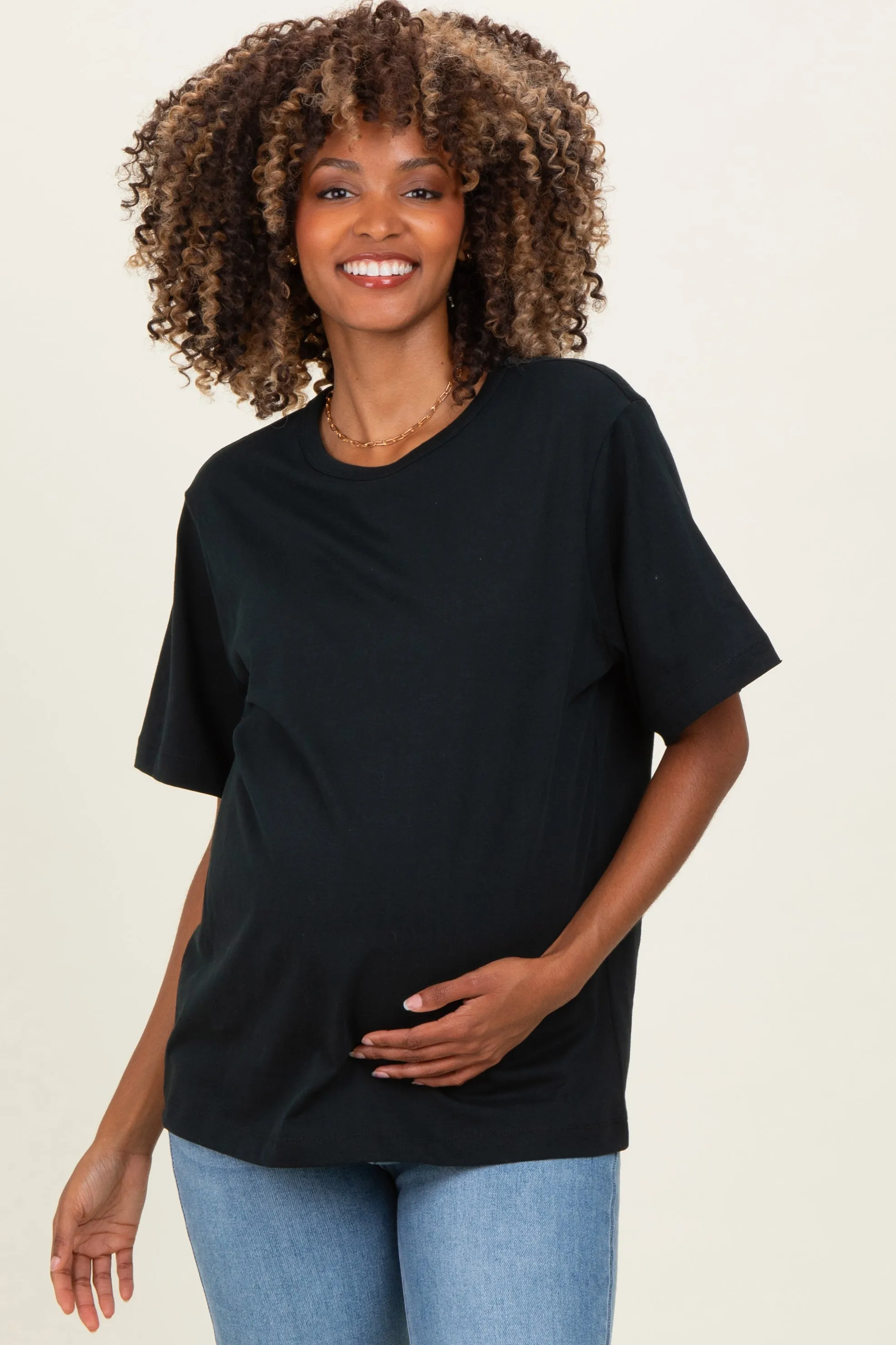 Black Oversized Short Sleeve Crew Neck Maternity T-Shirt sold by Pinkblush product image thumbnail 2