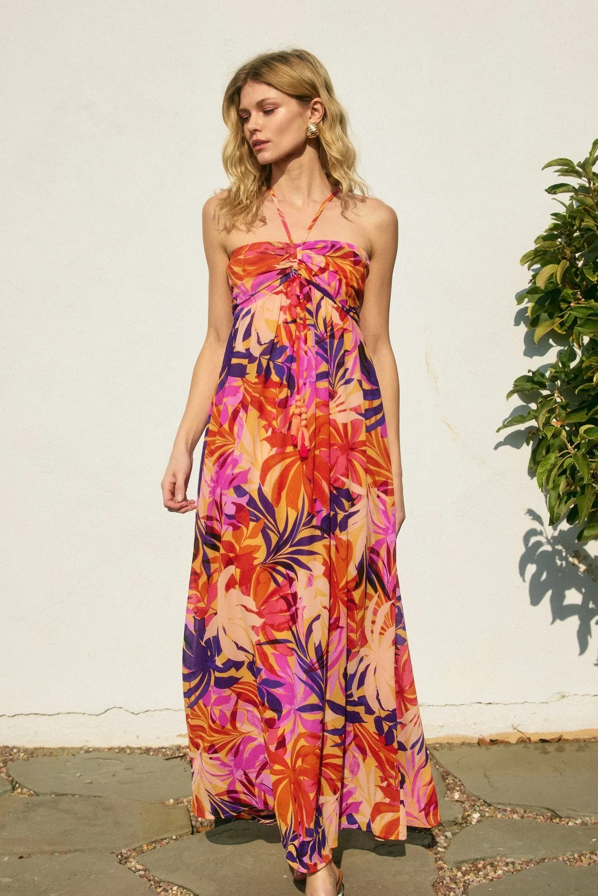 Sunset Tropical Print Halter Maxi Dress sold by Pinkblush