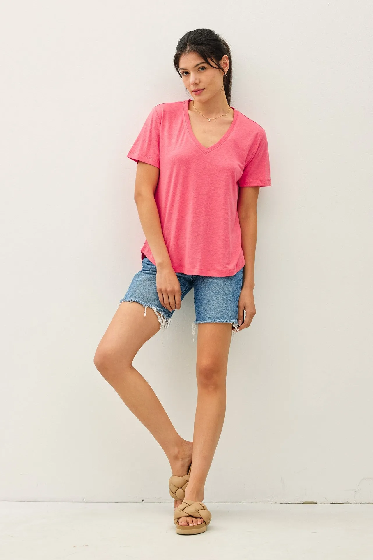 Guava Punch Linen Blend V-Neck Short Sleeve T-Shirt sold by Pinkblush product image thumbnail 2