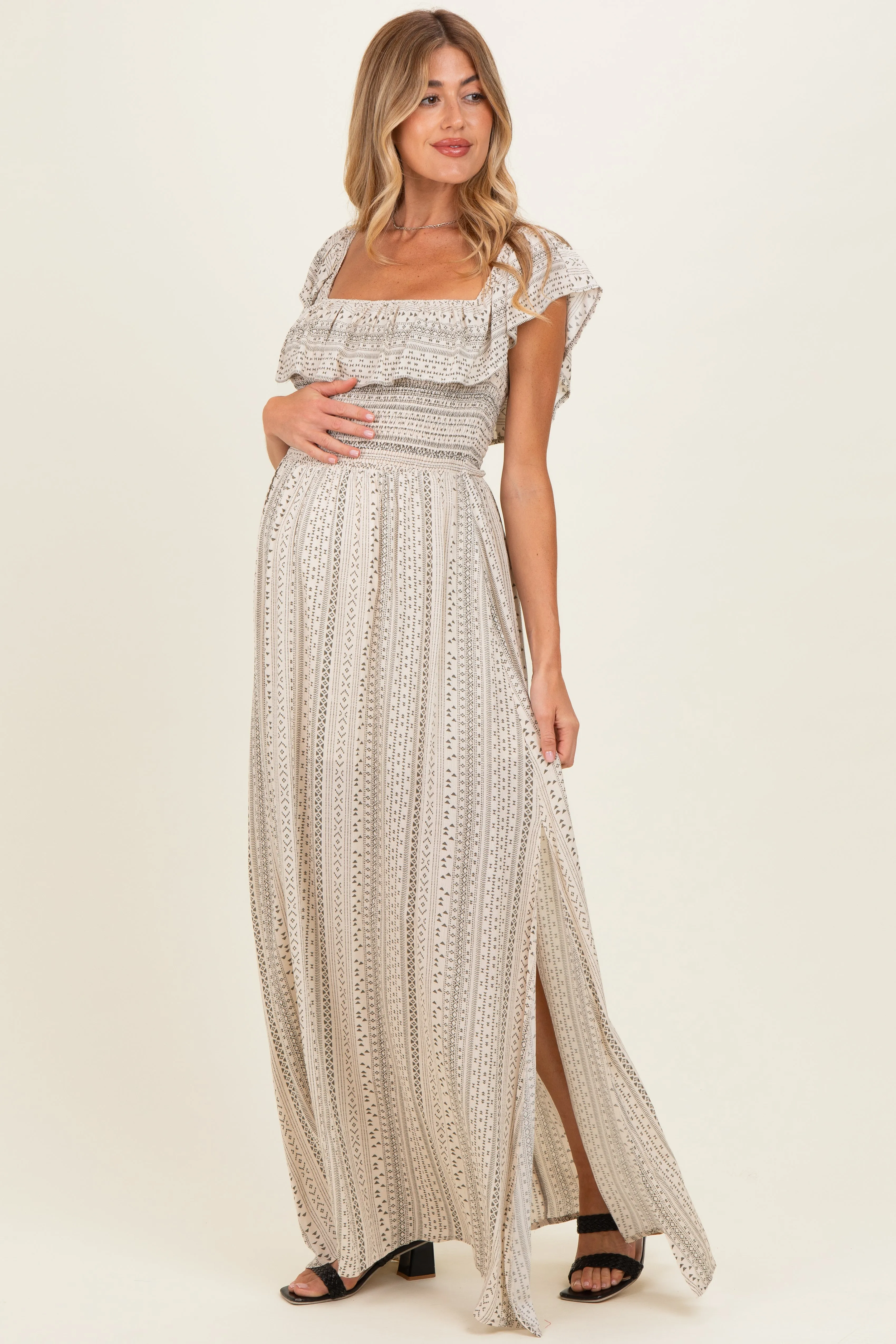 Beige Ruffle Off Shoulder Maternity Maxi Dress sold by Pinkblush product image thumbnail 2