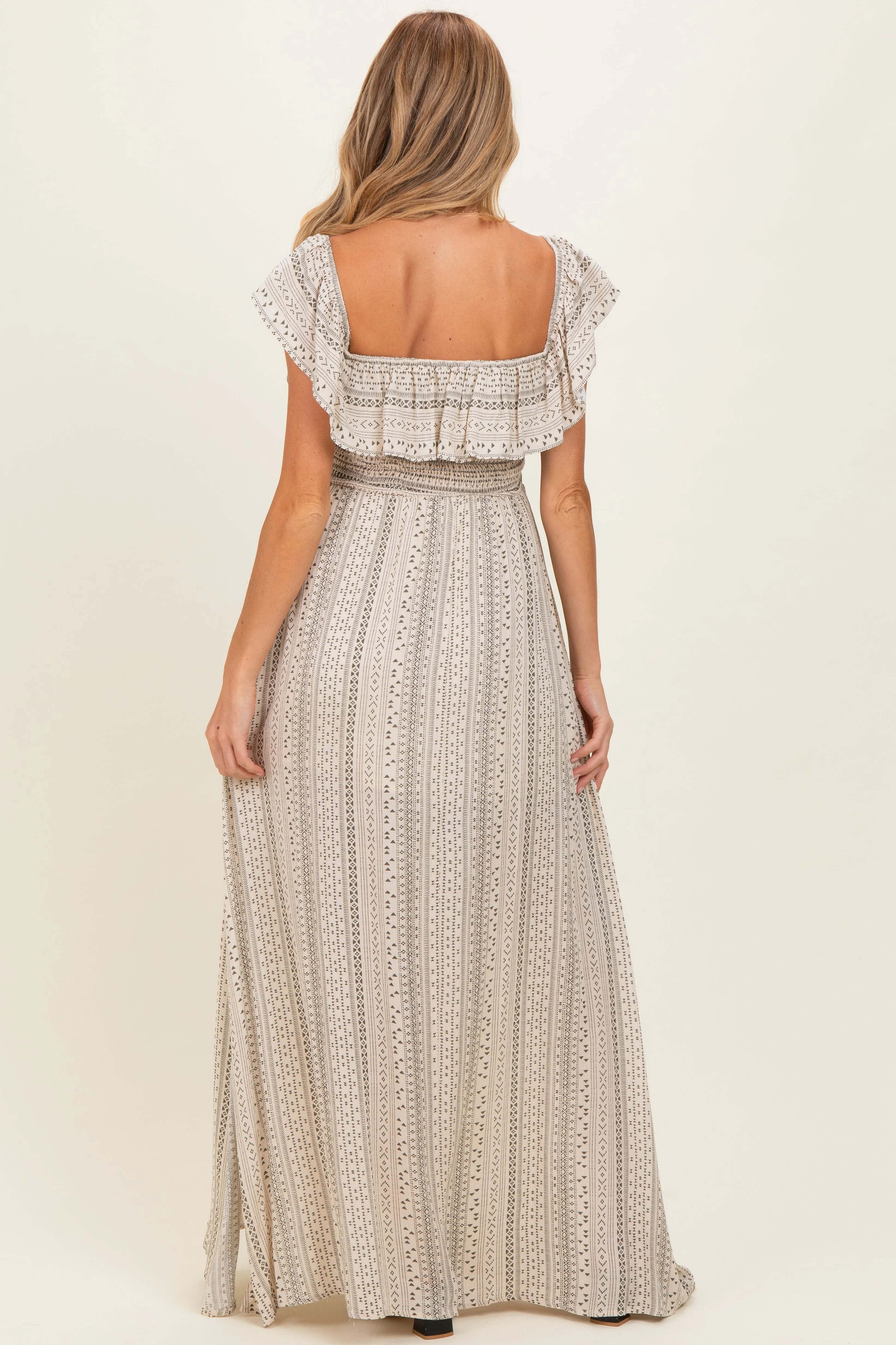 Beige Ruffle Off Shoulder Maternity Maxi Dress sold by Pinkblush product image thumbnail 3