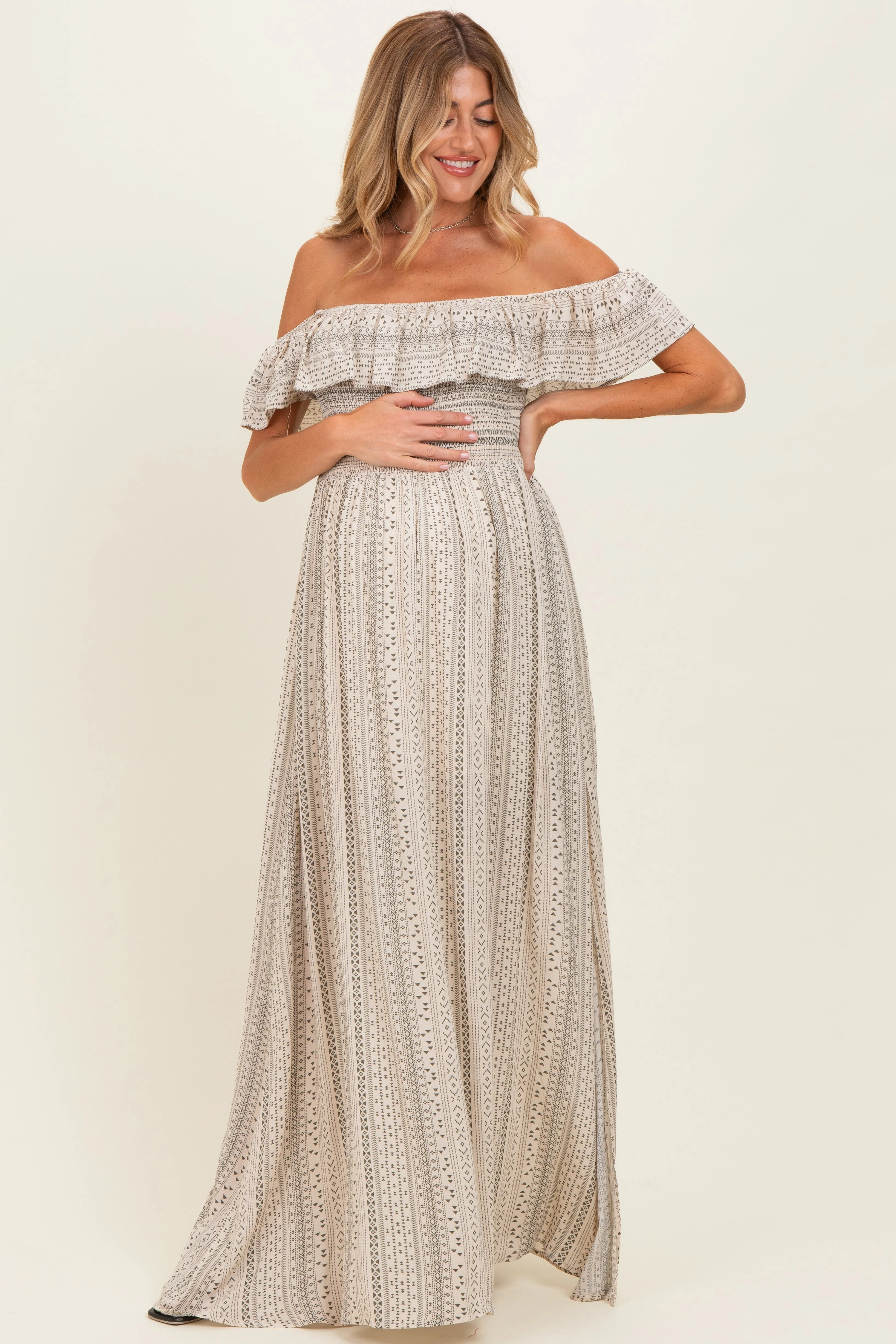 Beige Ruffle Off Shoulder Maternity Maxi Dress sold by Pinkblush