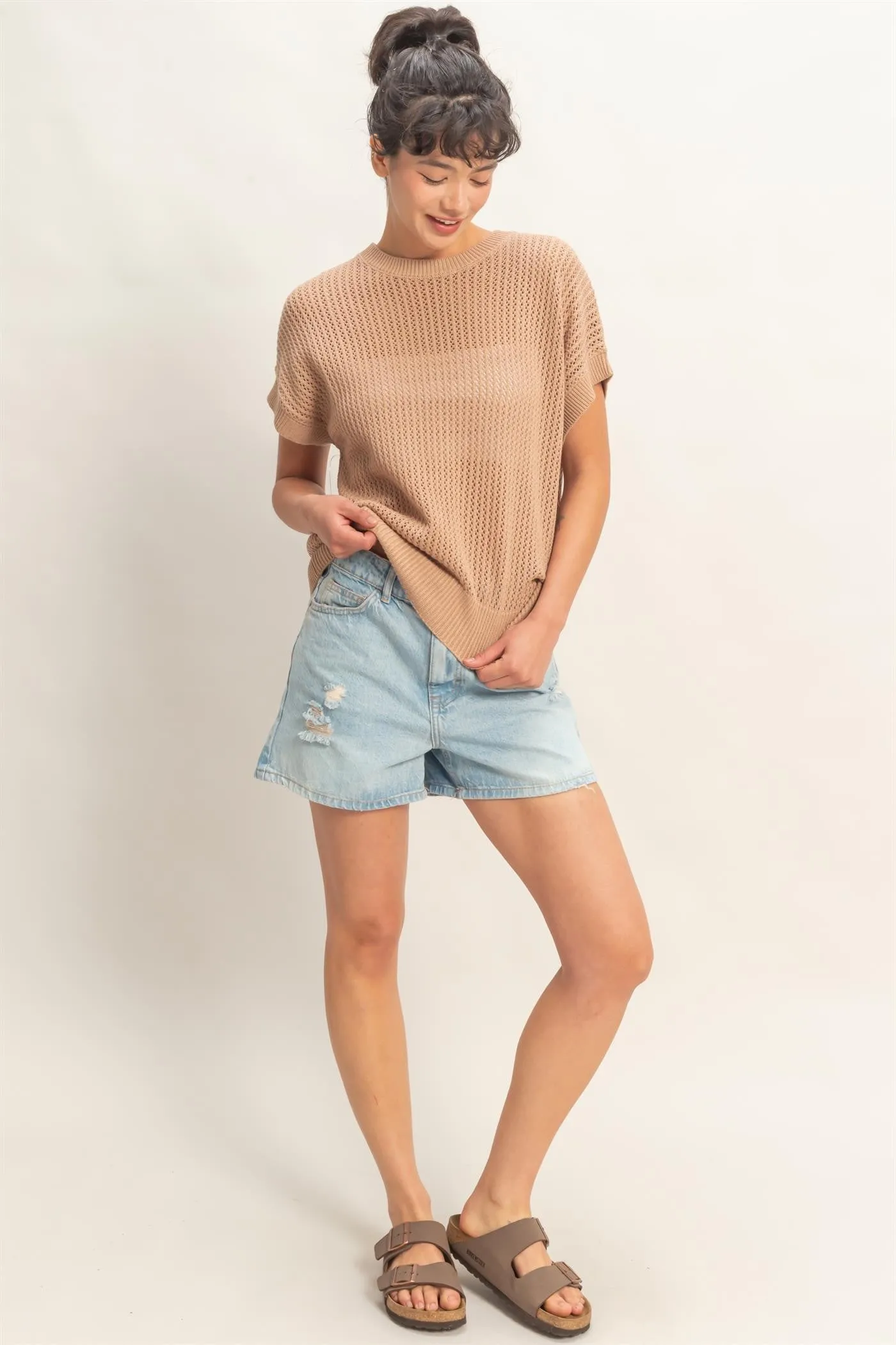 Taupe Open-Knit Dolman Sleeve Top sold by Pinkblush product image thumbnail 4