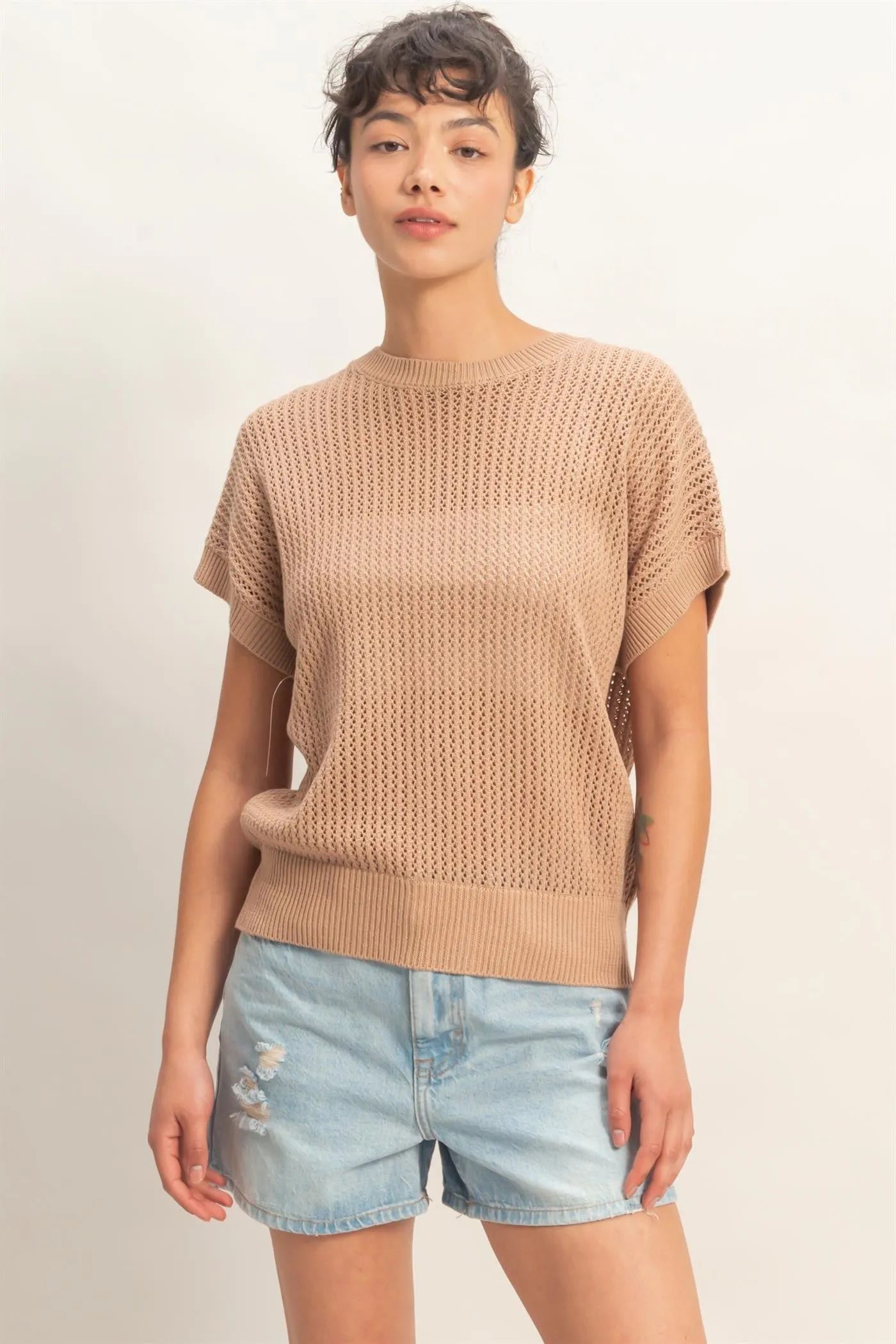 Taupe Open-Knit Dolman Sleeve Top sold by Pinkblush