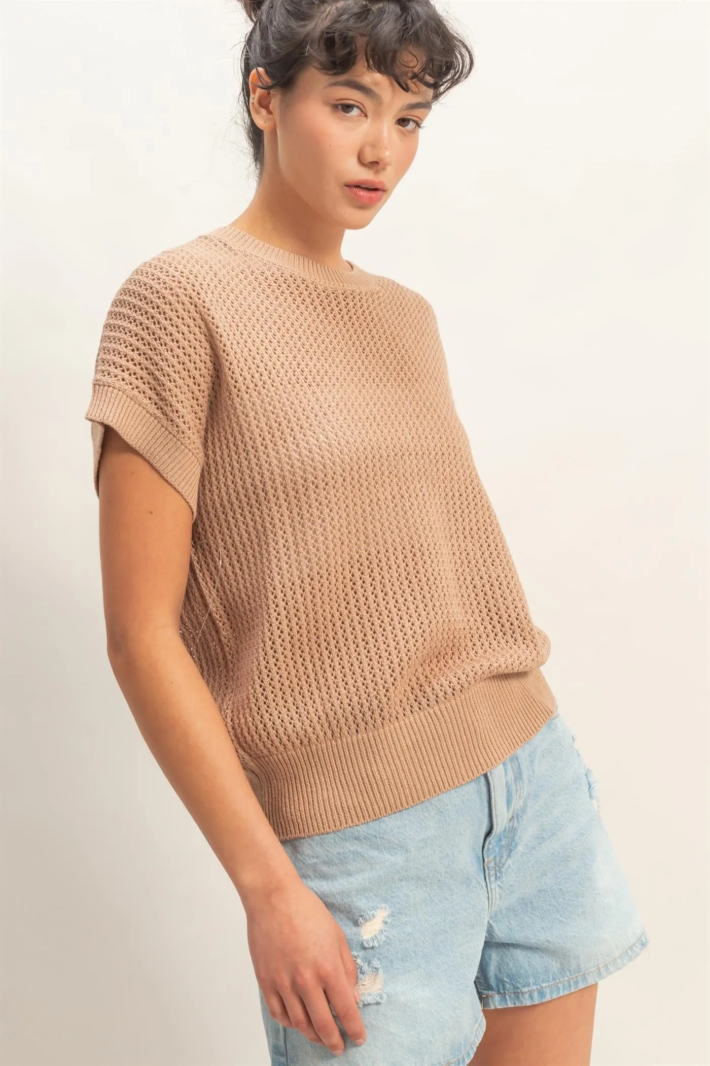 Taupe Open-Knit Dolman Sleeve Top sold by Pinkblush product image thumbnail 2