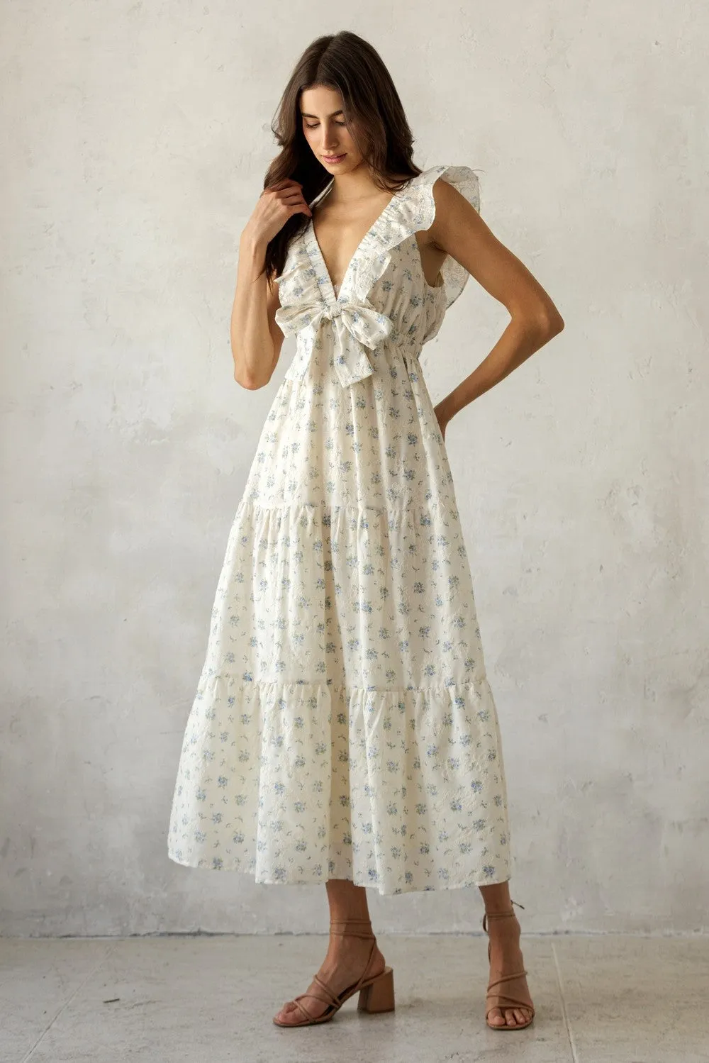 Cream Floral Front Bow Open Back Midi Dress sold by Pinkblush product image thumbnail 2