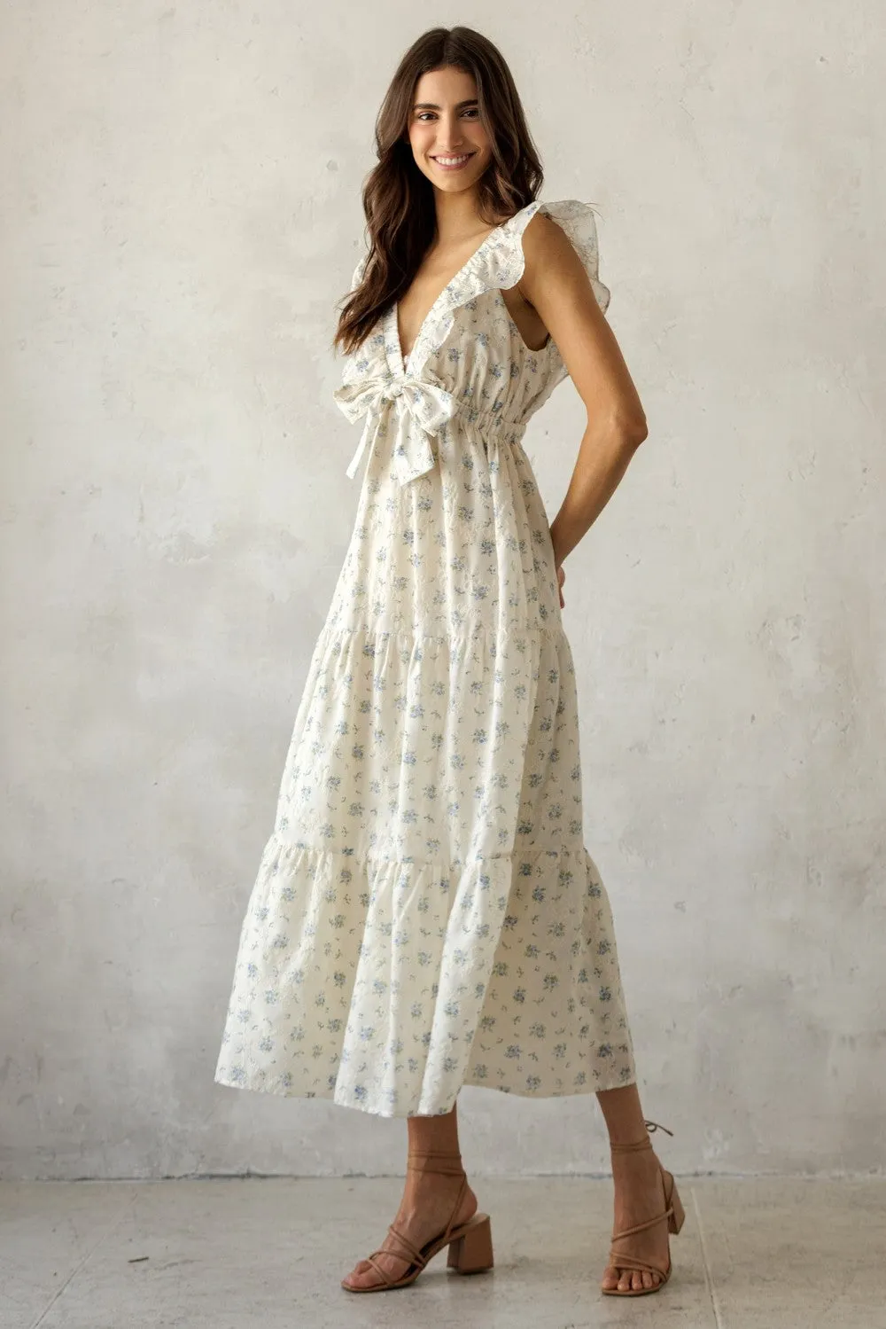 Cream Floral Front Bow Open Back Midi Dress sold by Pinkblush product image thumbnail 3