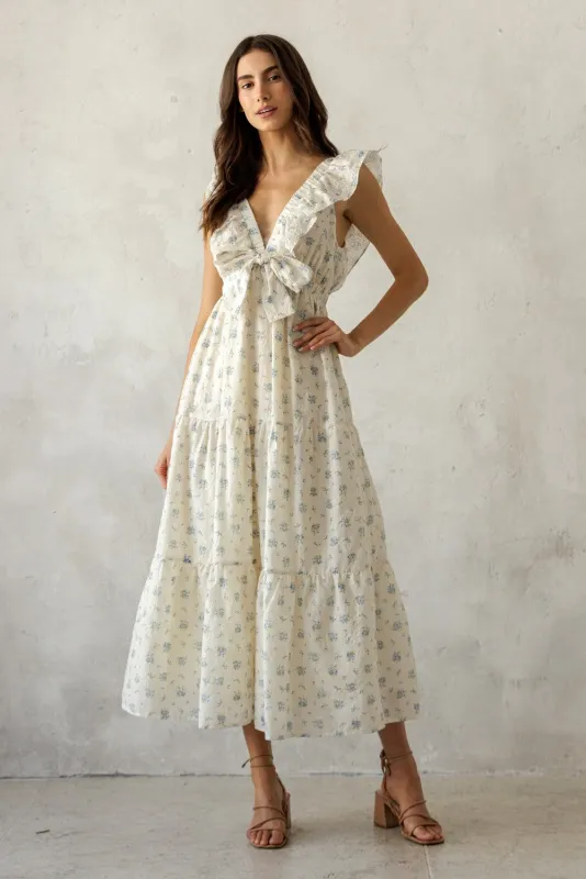 Cream Floral Front Bow Open Back Midi Dress made by Storia