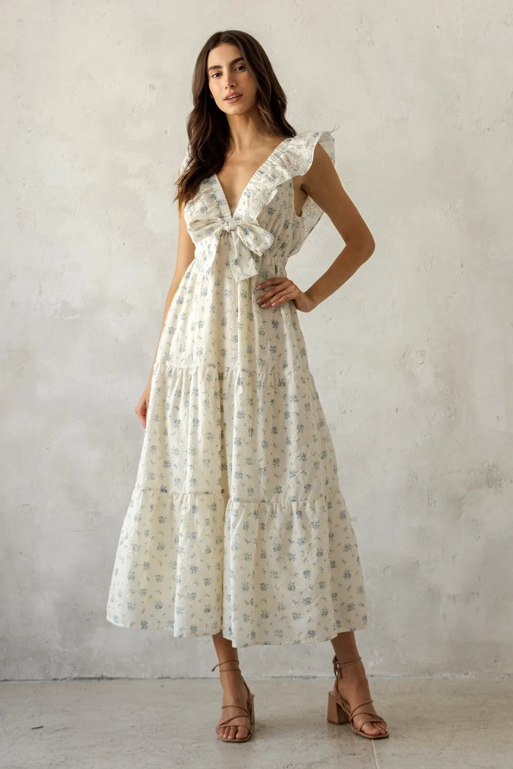 Cream Floral Front Bow Open Back Midi Dress sold by Pinkblush