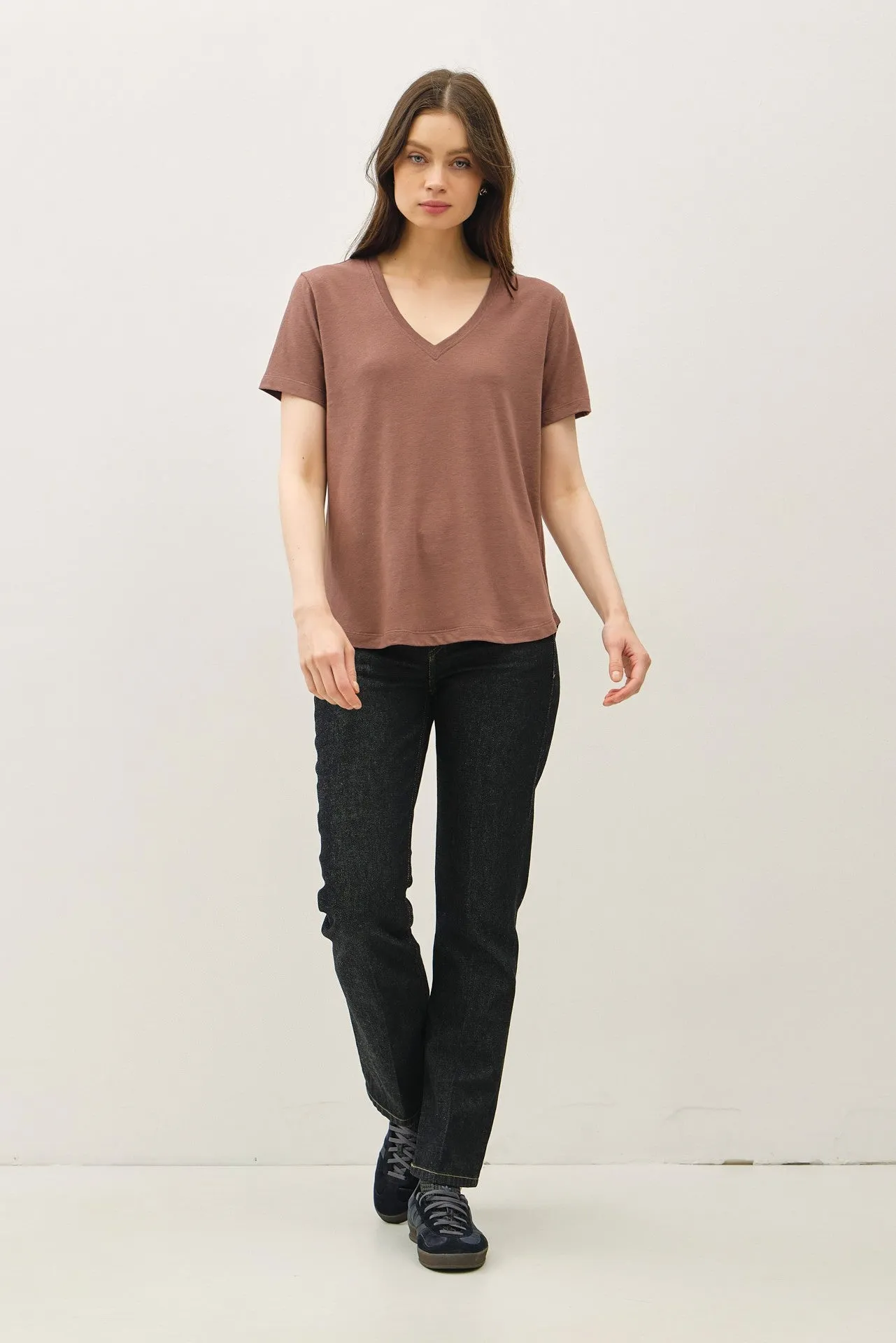 Choco Linen Blend V-Neck Short Sleeve T-Shirt sold by Pinkblush product image thumbnail 2
