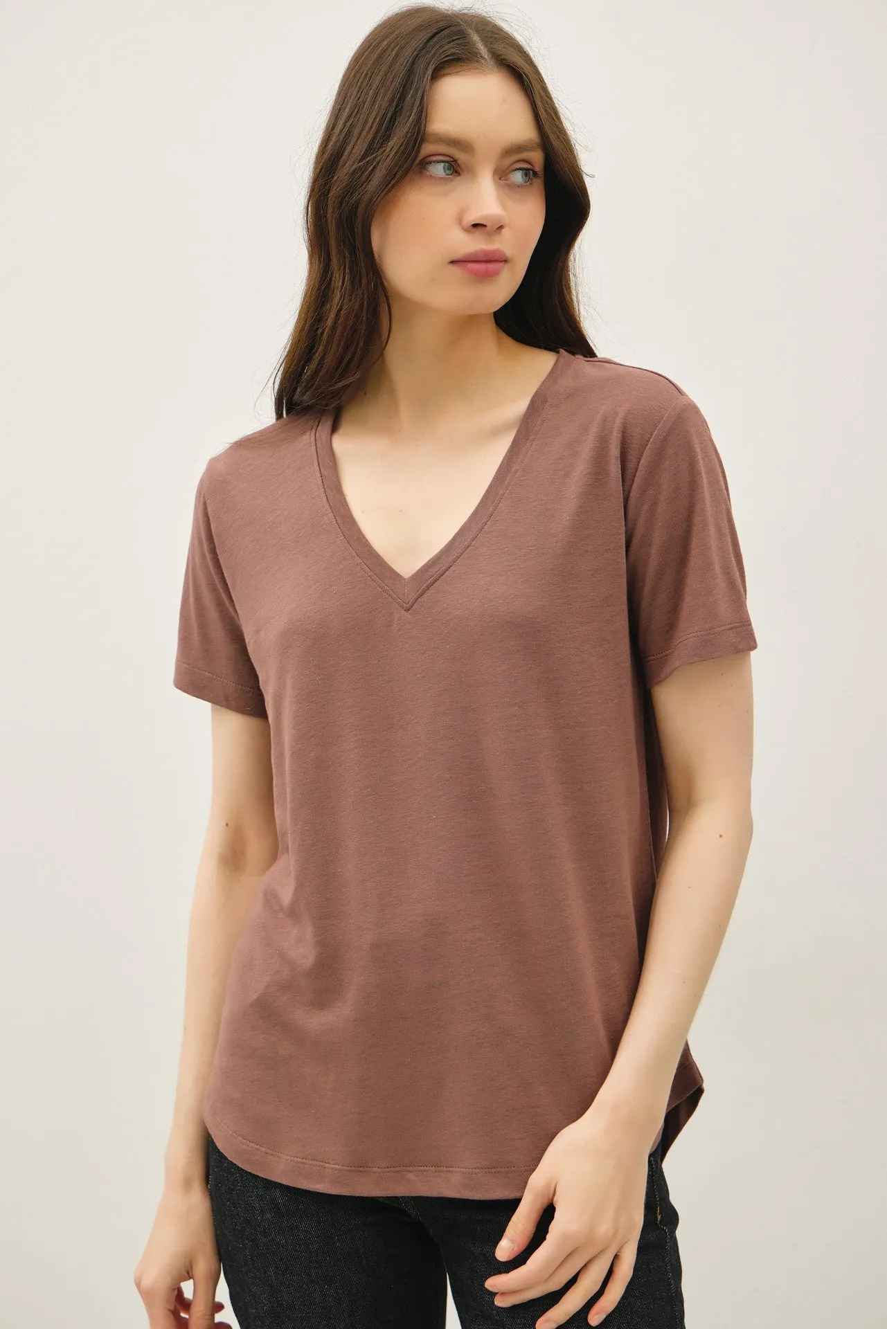 Choco Linen Blend V-Neck Short Sleeve T-Shirt sold by Pinkblush