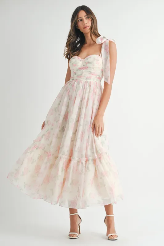 Pink Floral Chiffon Shoulder Tie Midi Dress made by MABLE
