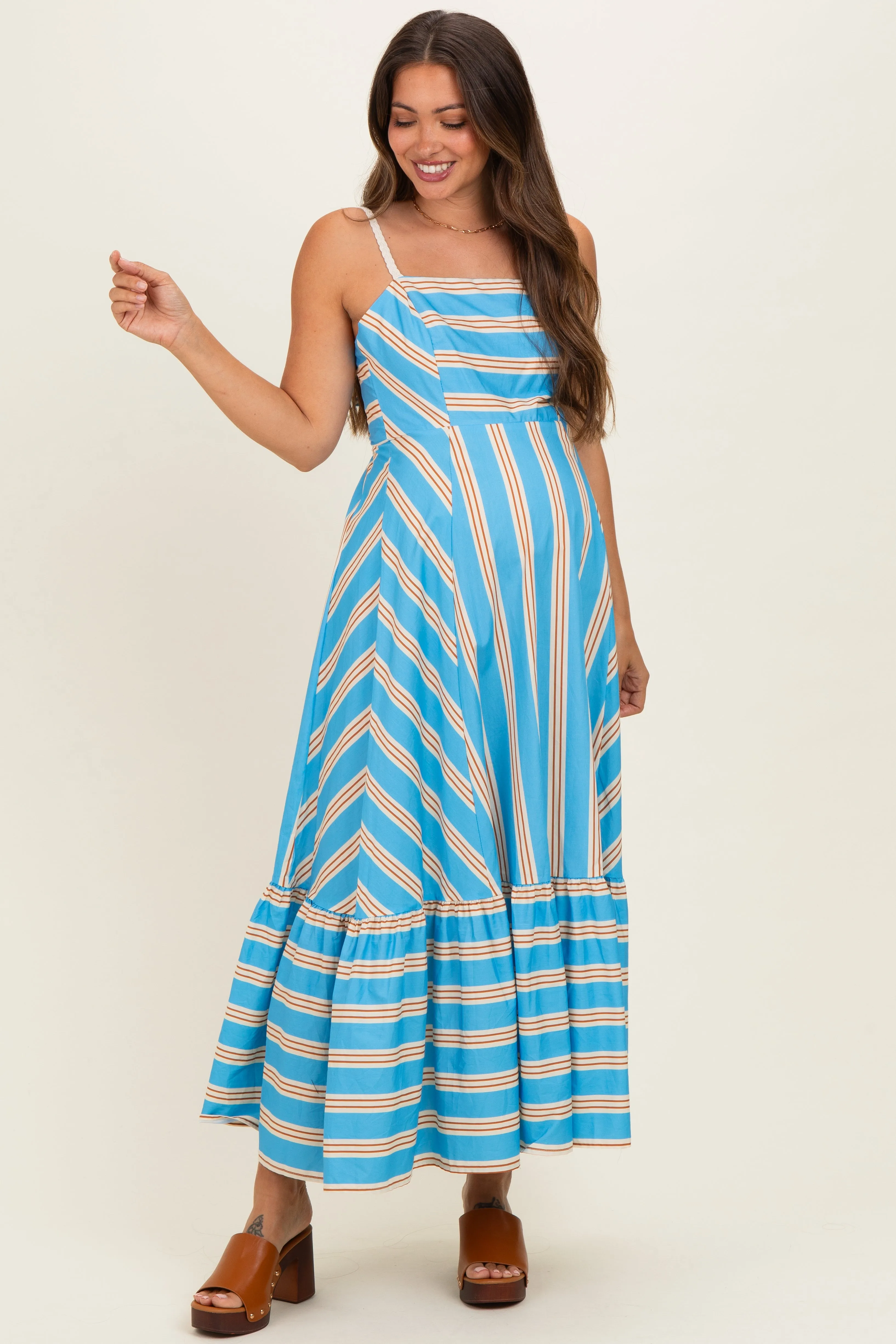 Blue Striped Ruffle Hem Maternity Midi Dress sold by Pinkblush