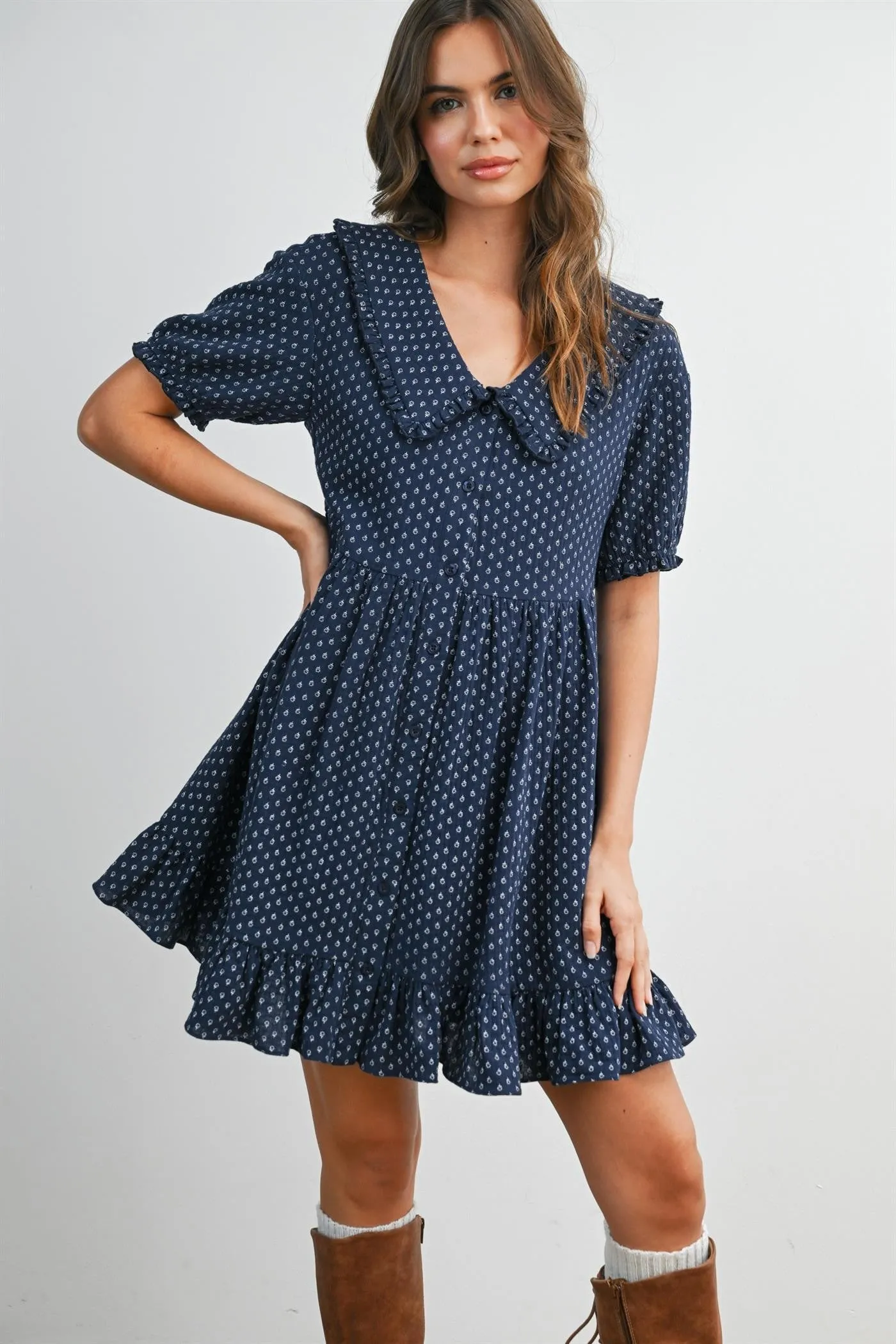 Navy Printed Ruffle Accent Maternity Shirt Dress sold by Pinkblush product image thumbnail 5