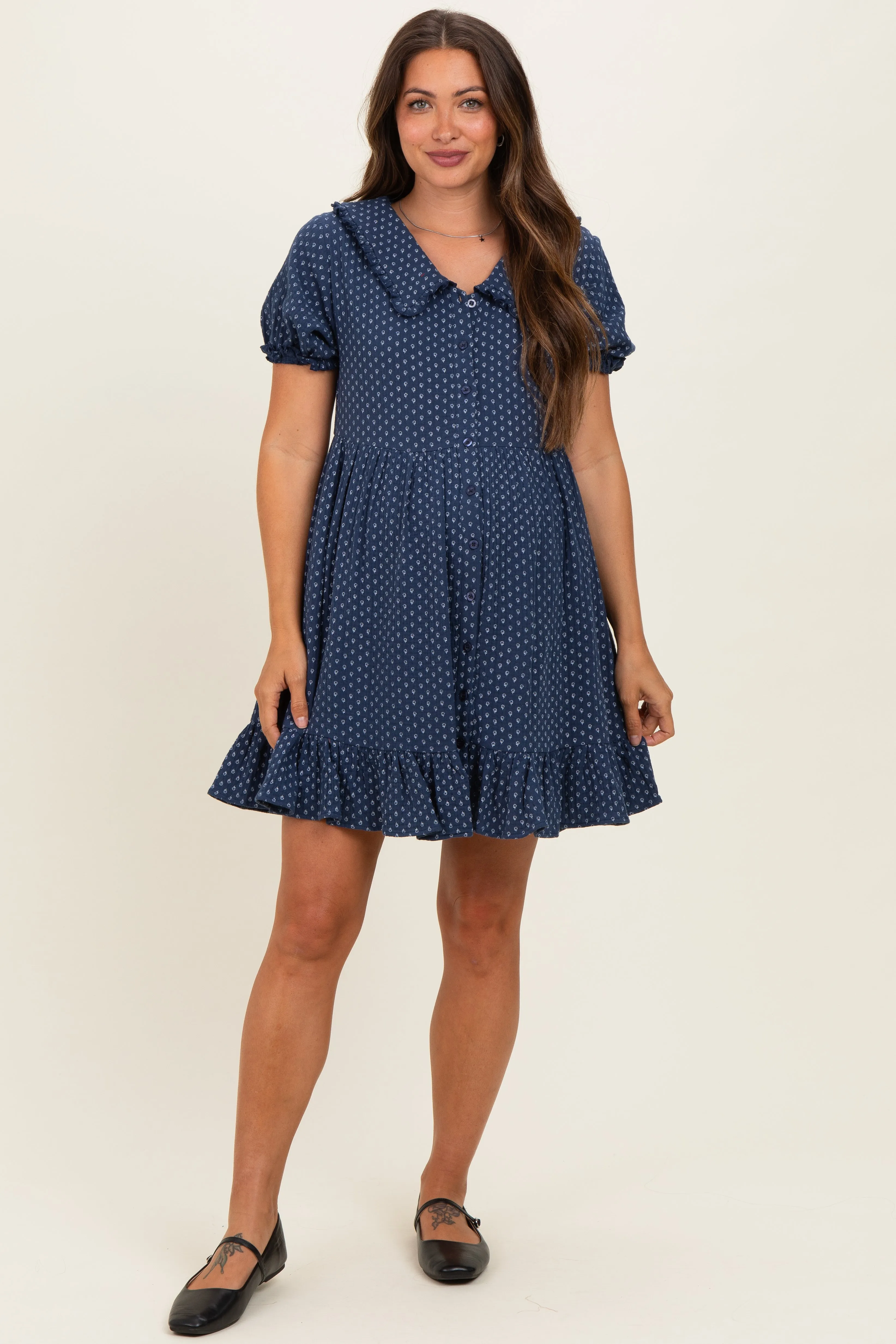 Navy Printed Ruffle Accent Maternity Shirt Dress sold by Pinkblush product image thumbnail 2