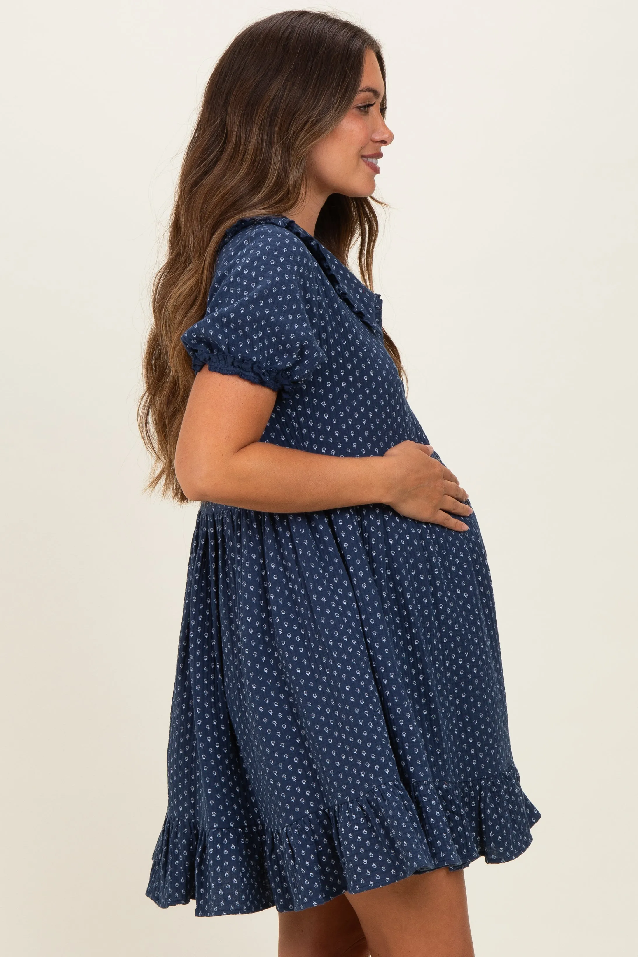 Navy Printed Ruffle Accent Maternity Shirt Dress sold by Pinkblush product image thumbnail 3