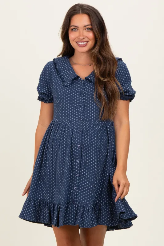 Navy Printed Ruffle Accent Maternity Shirt Dress made by Pinkblush
