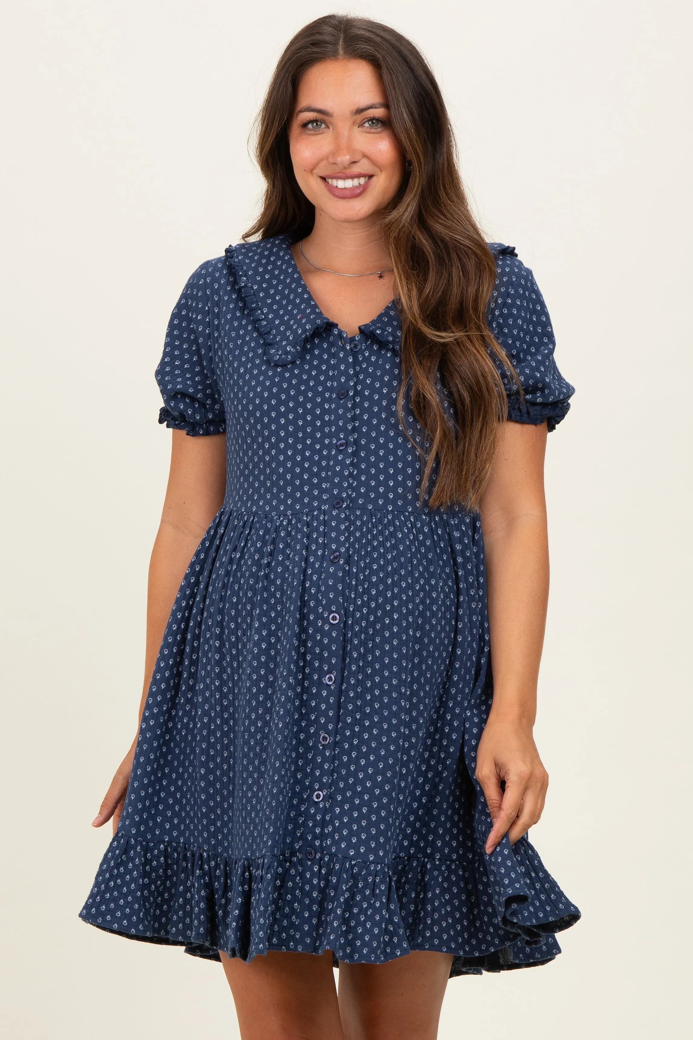 Navy Printed Ruffle Accent Maternity Shirt Dress sold by Pinkblush